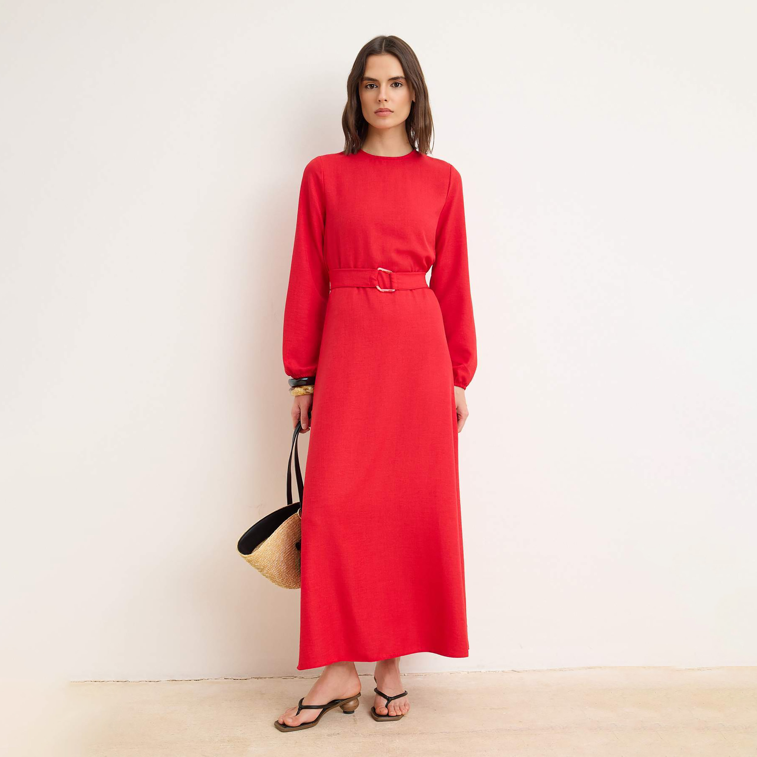 فستان ماكسي حريمي محتشم بأساور مطاطية من ترينديول-women-clothing-dresses-image-1
