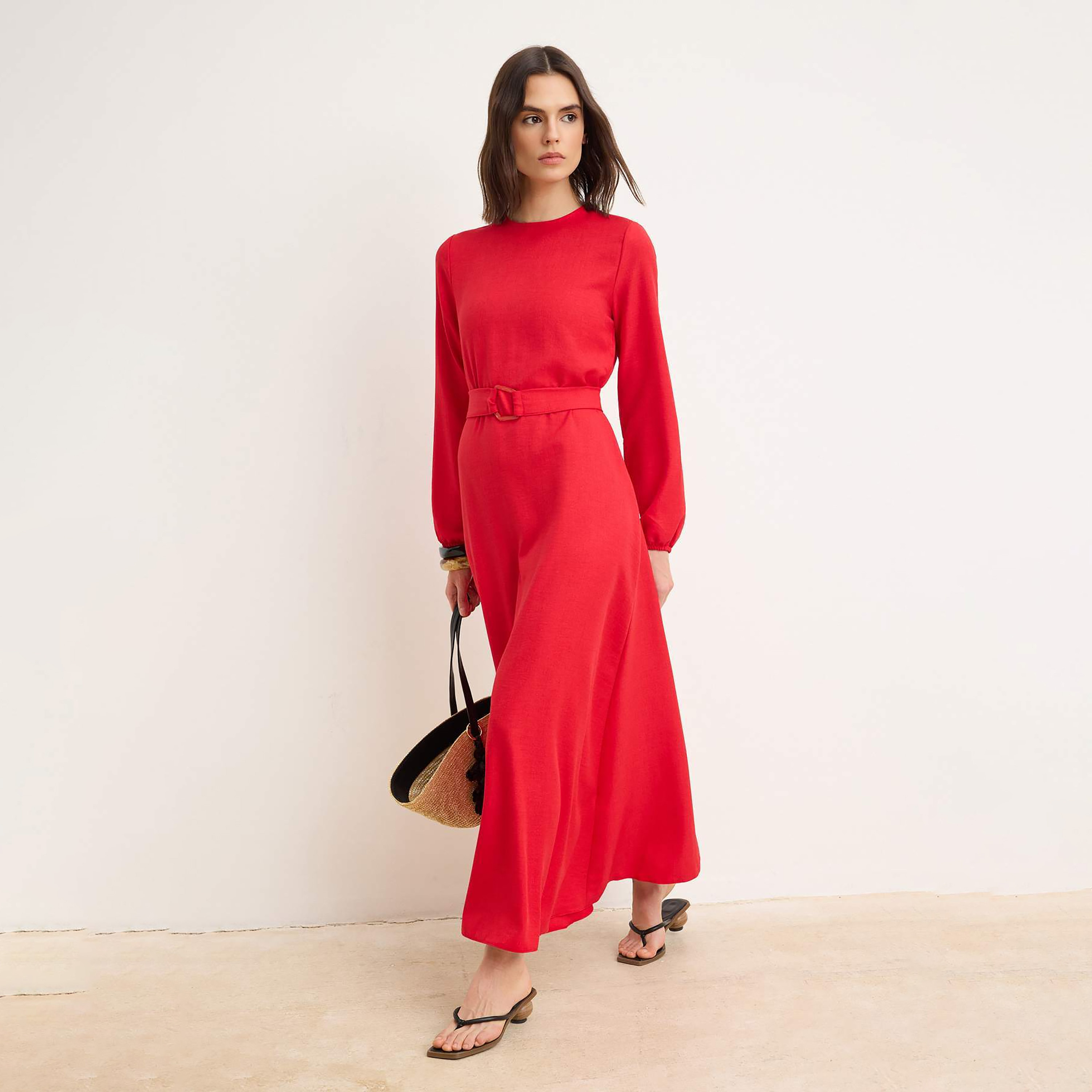 فستان ماكسي حريمي محتشم بأساور مطاطية من ترينديول-women-clothing-dresses-image-2