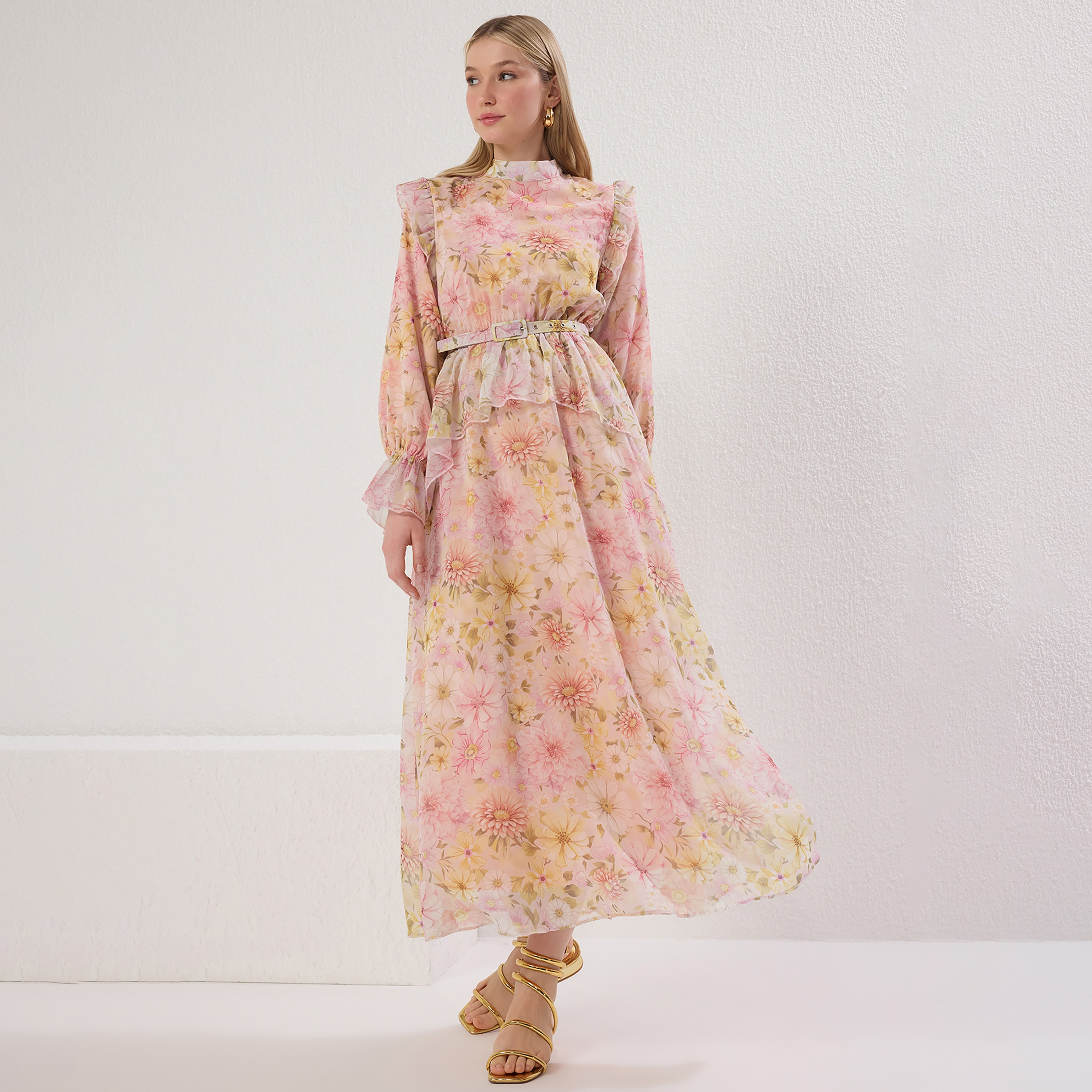 Trendyol Modest Multicolour Floral Print Mock Neck Elastic Cuffed Fit & Flared Women's Maxi Dress-women-clothing-dresses-image-1