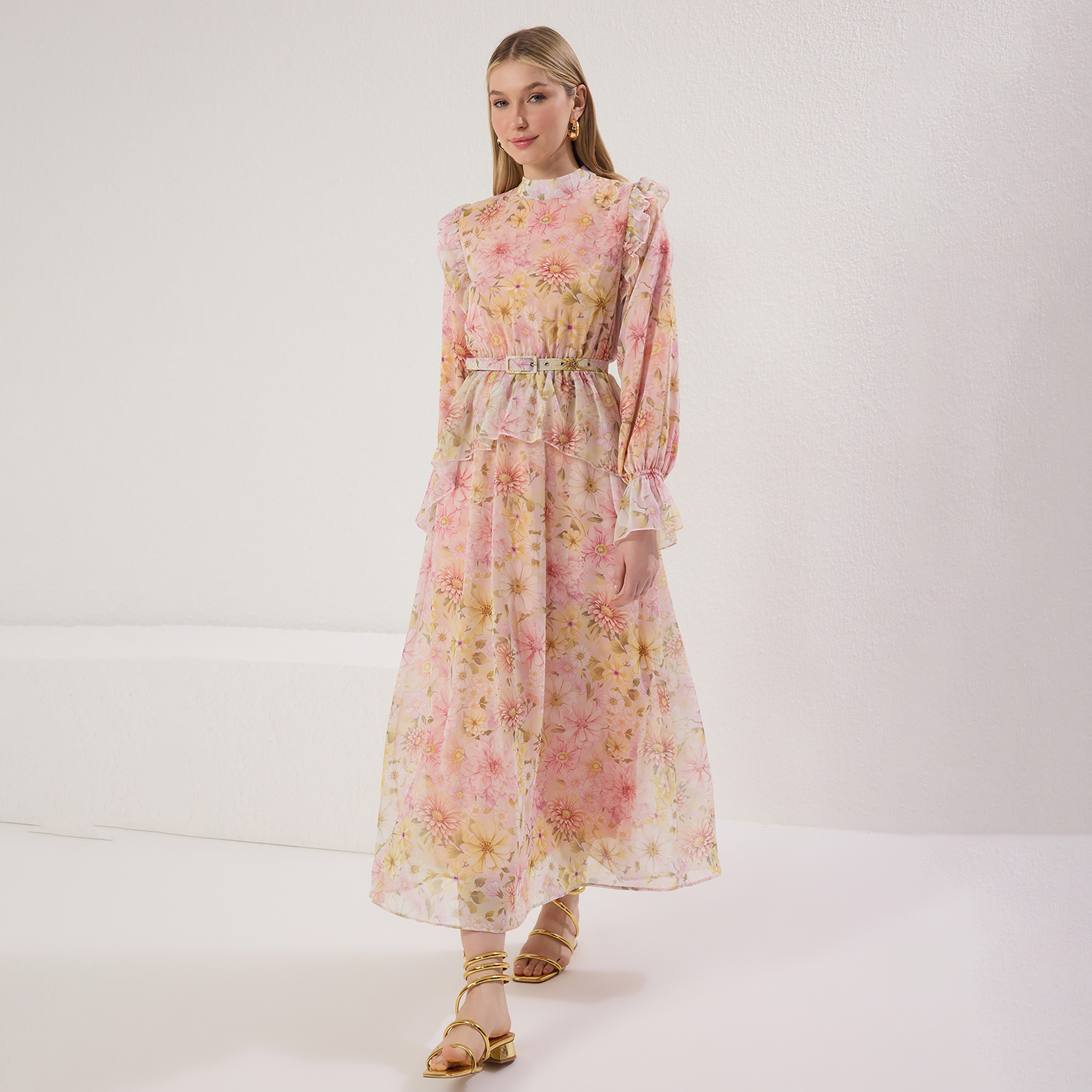 Trendyol Modest Multicolour Floral Print Mock Neck Elastic Cuffed Fit & Flared Women's Maxi Dress-women-clothing-dresses-image-2