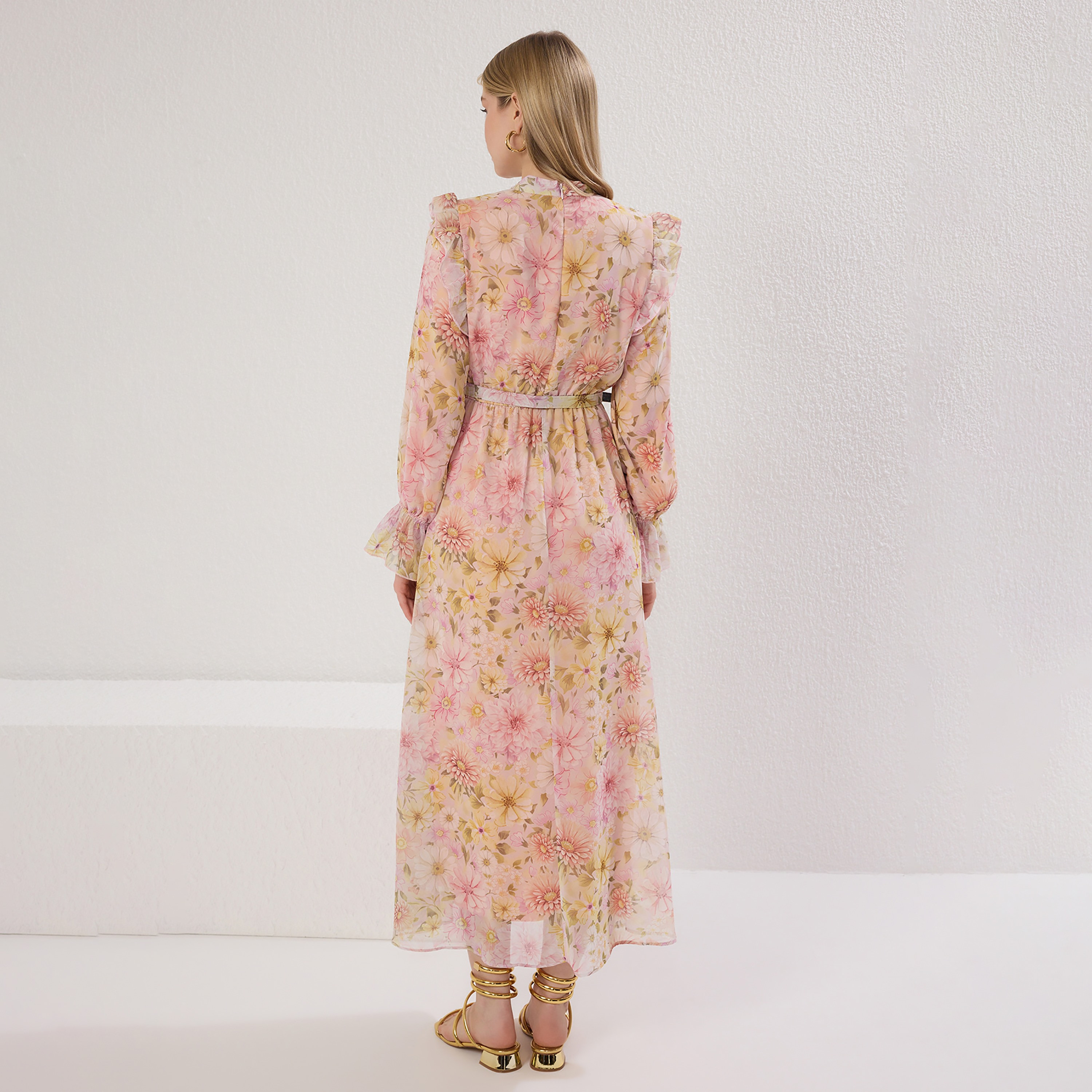 Trendyol Modest Multicolour Floral Print Mock Neck Elastic Cuffed Fit & Flared Women's Maxi Dress-women-clothing-dresses-image-3