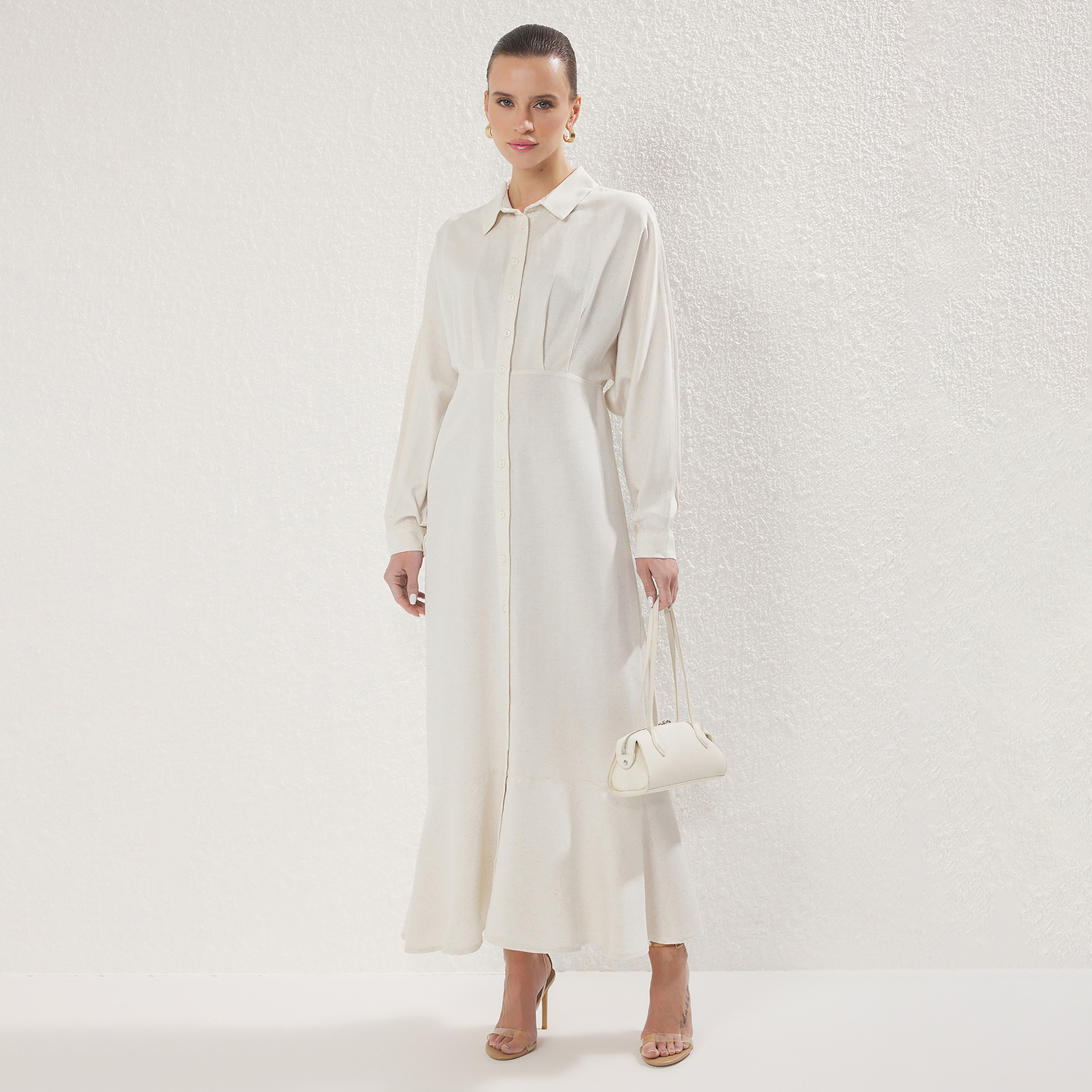 Modest Green Linen Collared Cuffed Sleeves Women's Maxi Shirt Dress-women-clothing-dresses-image-1