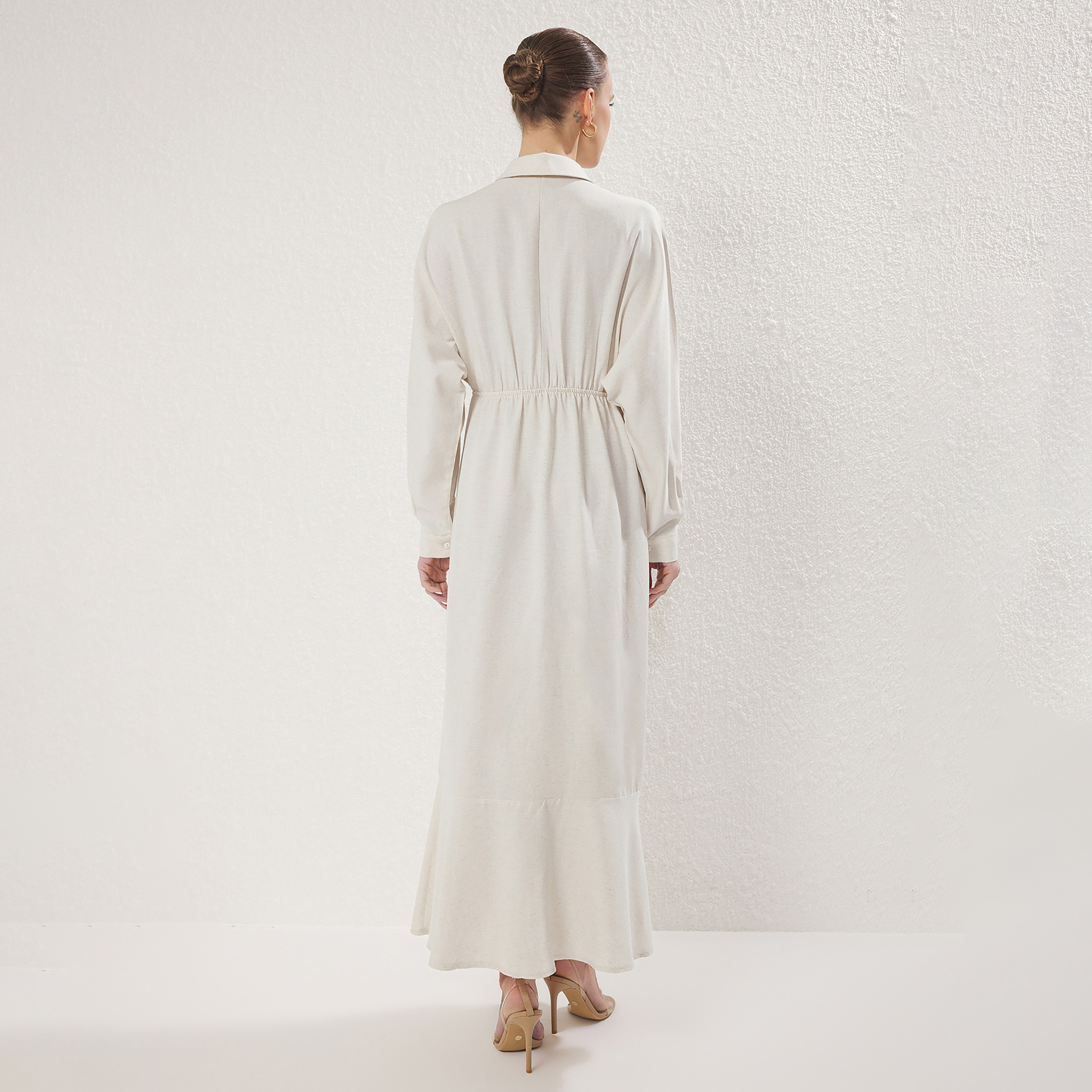 Modest Green Linen Collared Cuffed Sleeves Women's Maxi Shirt Dress-women-clothing-dresses-image-3