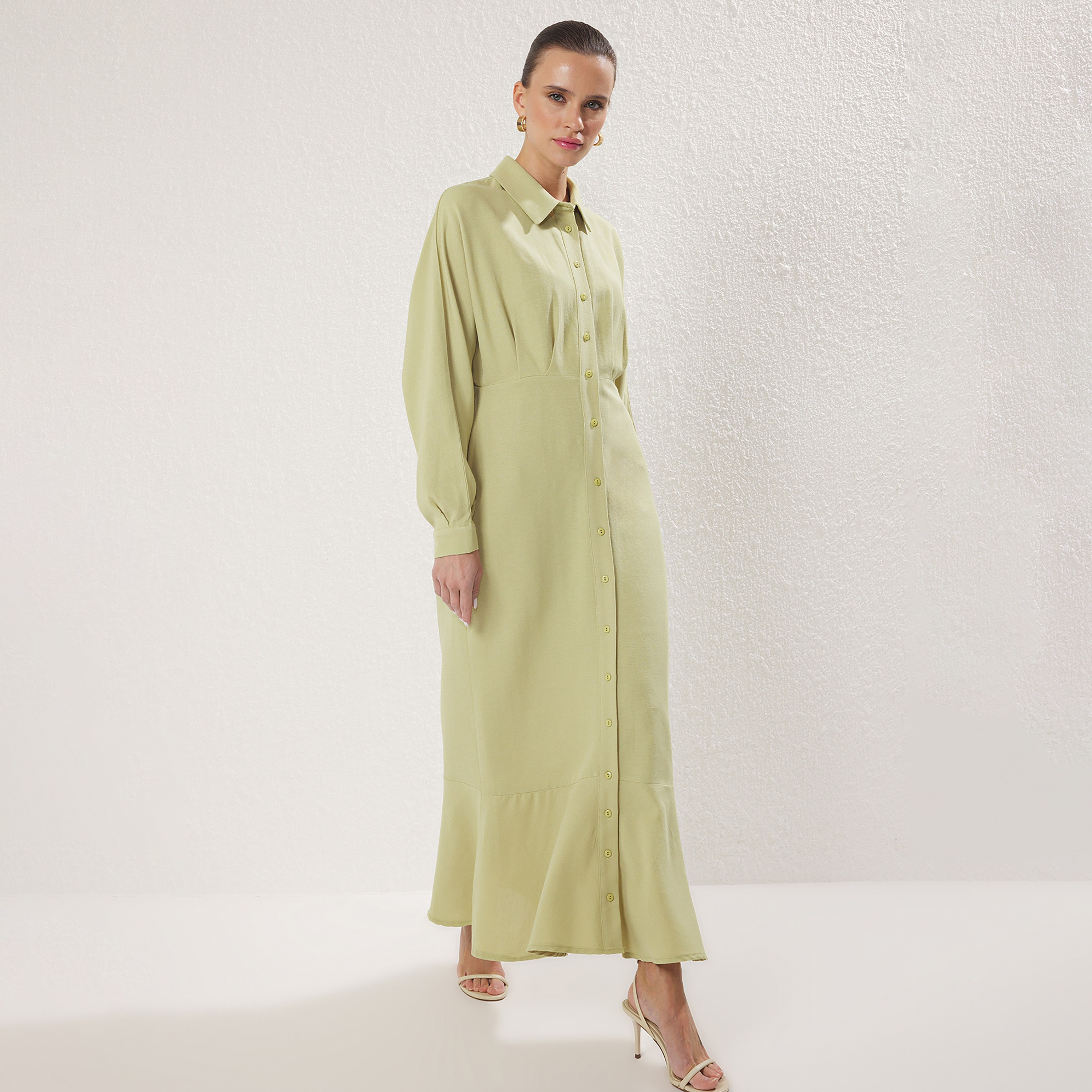 Trendyol Modest Green Linen Collared Cuffed Sleeves Women's Maxi Shirt Dress-women-clothing-dresses-image-1