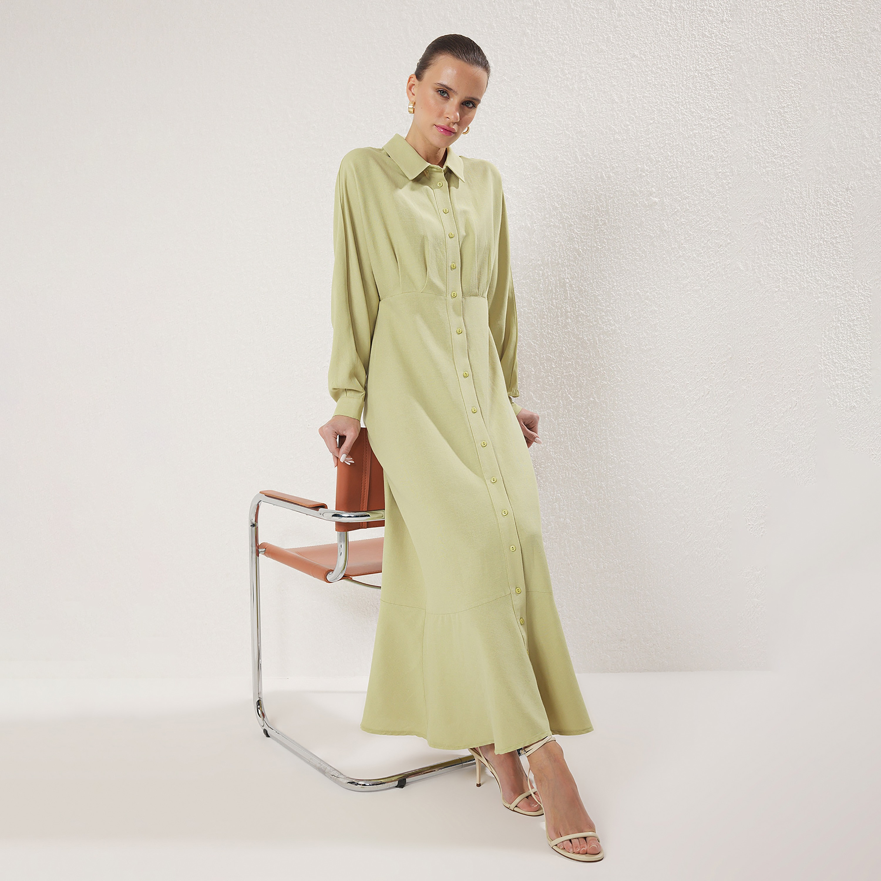 Trendyol Modest Green Linen Collared Cuffed Sleeves Women's Maxi Shirt Dress-women-clothing-dresses-image-2