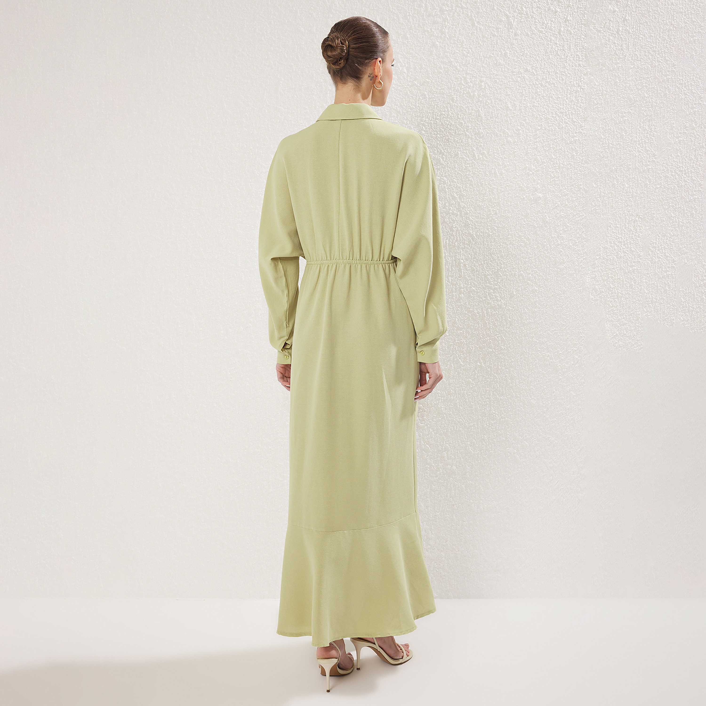 Trendyol Modest Green Linen Collared Cuffed Sleeves Women's Maxi Shirt Dress-women-clothing-dresses-image-3