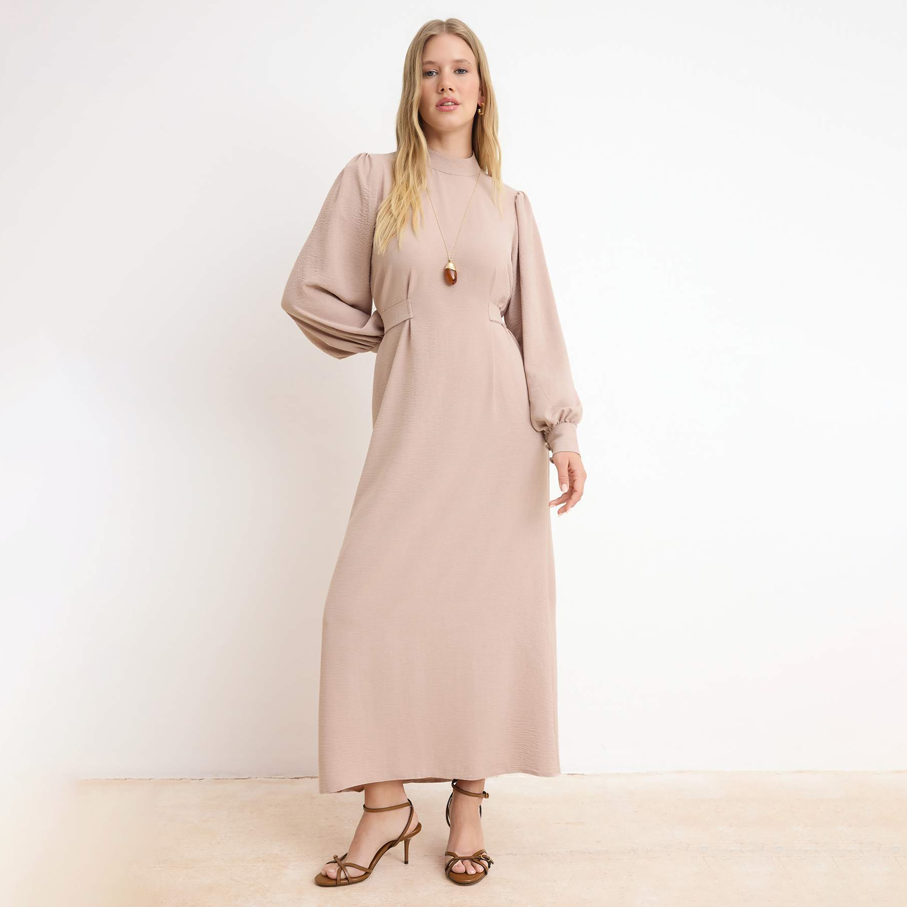 Trendyol Modest Beige Textured Mock Neck Puff Sleeves Women's Maxi Dress-women-clothing-dresses-image-1