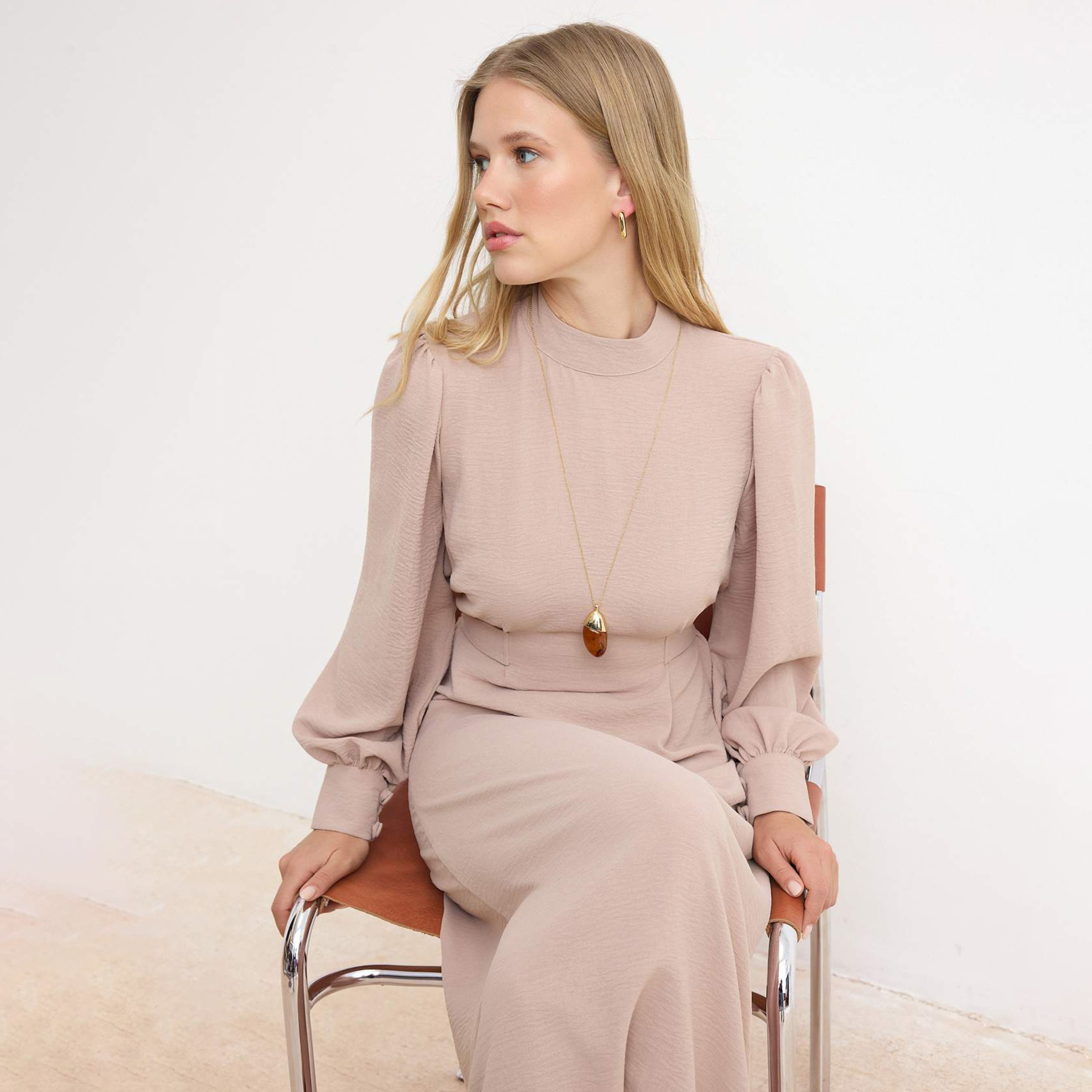 Trendyol Modest Beige Textured Mock Neck Puff Sleeves Women's Maxi Dress-women-clothing-dresses-image-2