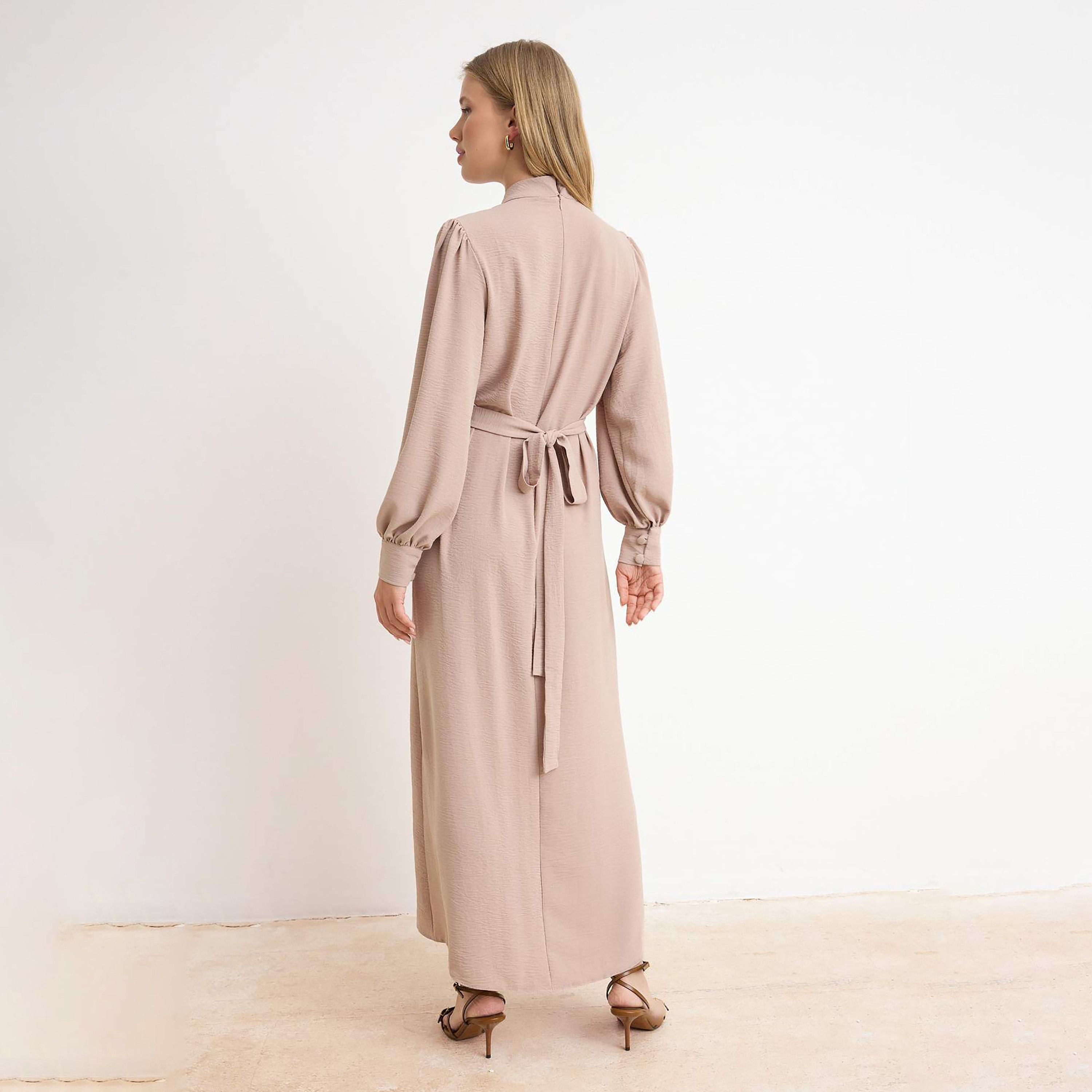 Trendyol Modest Beige Textured Mock Neck Puff Sleeves Women's Maxi Dress-women-clothing-dresses-image-3