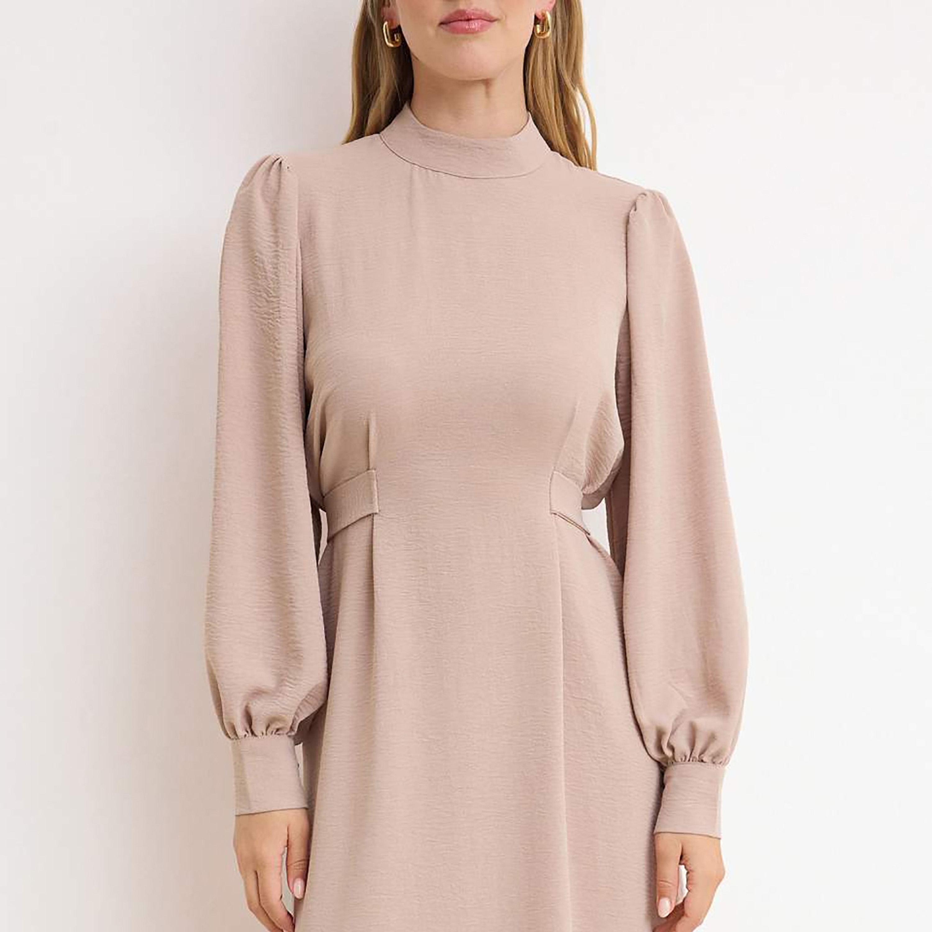Trendyol Modest Beige Textured Mock Neck Puff Sleeves Women's Maxi Dress-women-clothing-dresses-image-4