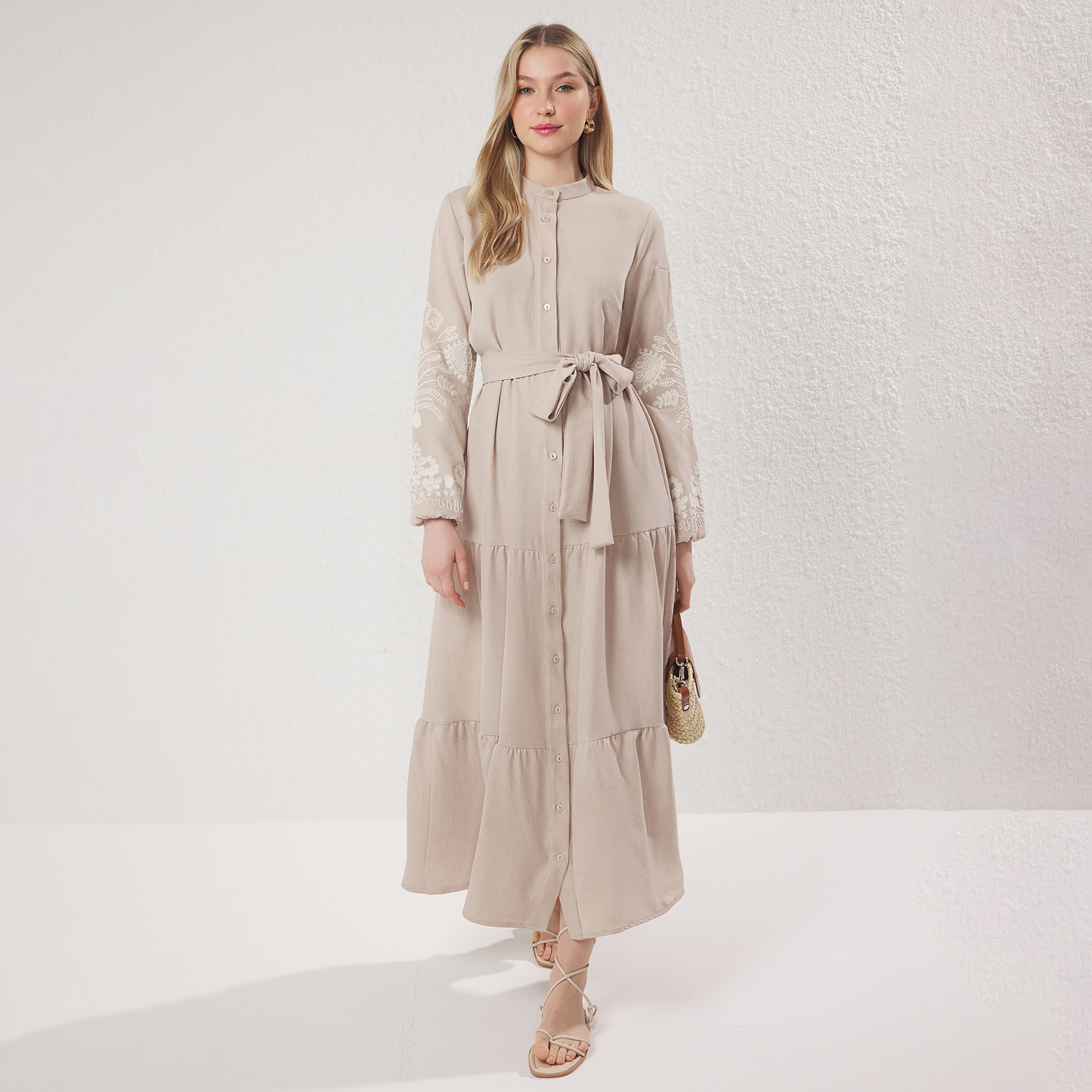 Modest Beige Band Collar Embroidered Sleeves Tiered Women's Maxi Dress-women-clothing-dresses-image-1