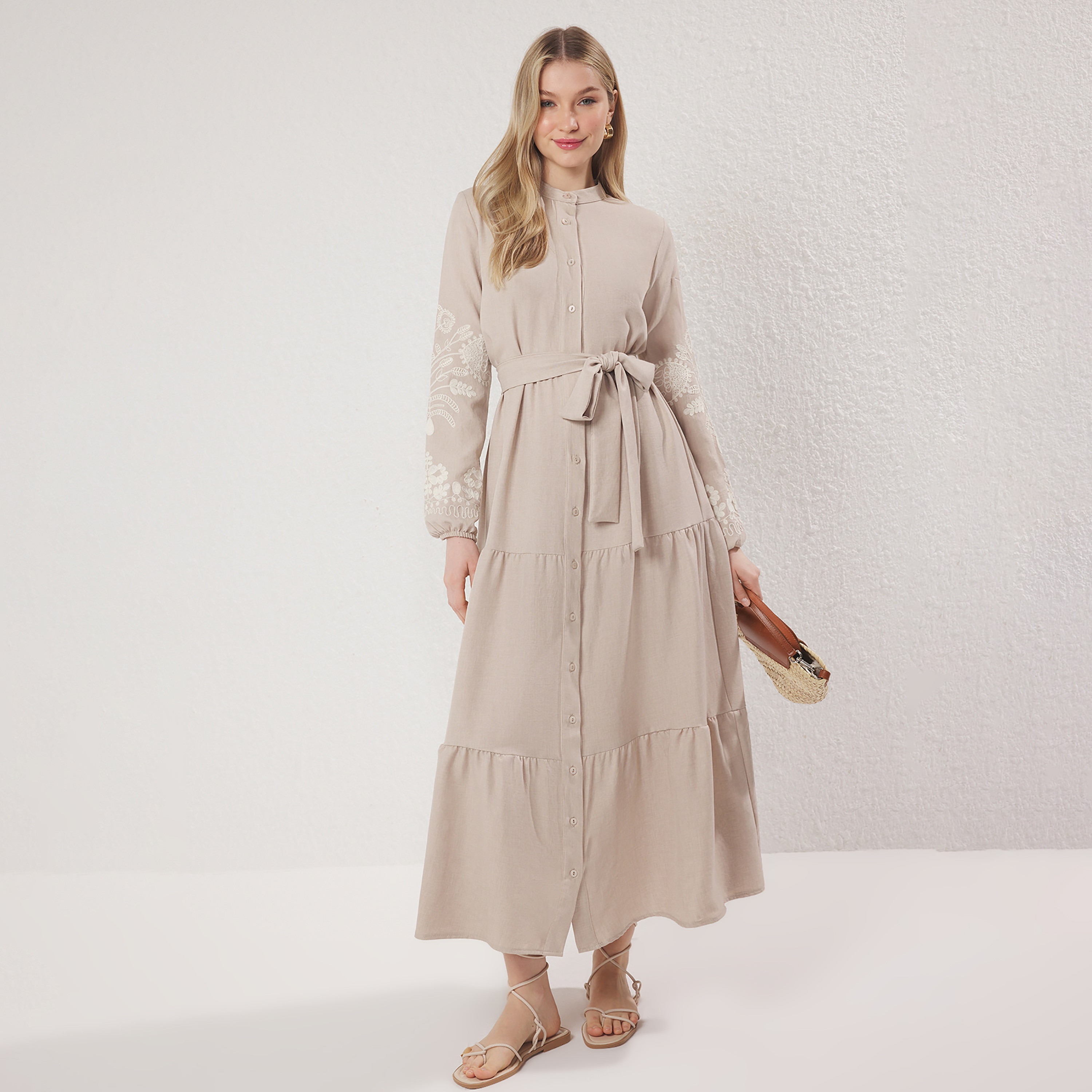 Modest Beige Band Collar Embroidered Sleeves Tiered Women's Maxi Dress-women-clothing-dresses-image-2