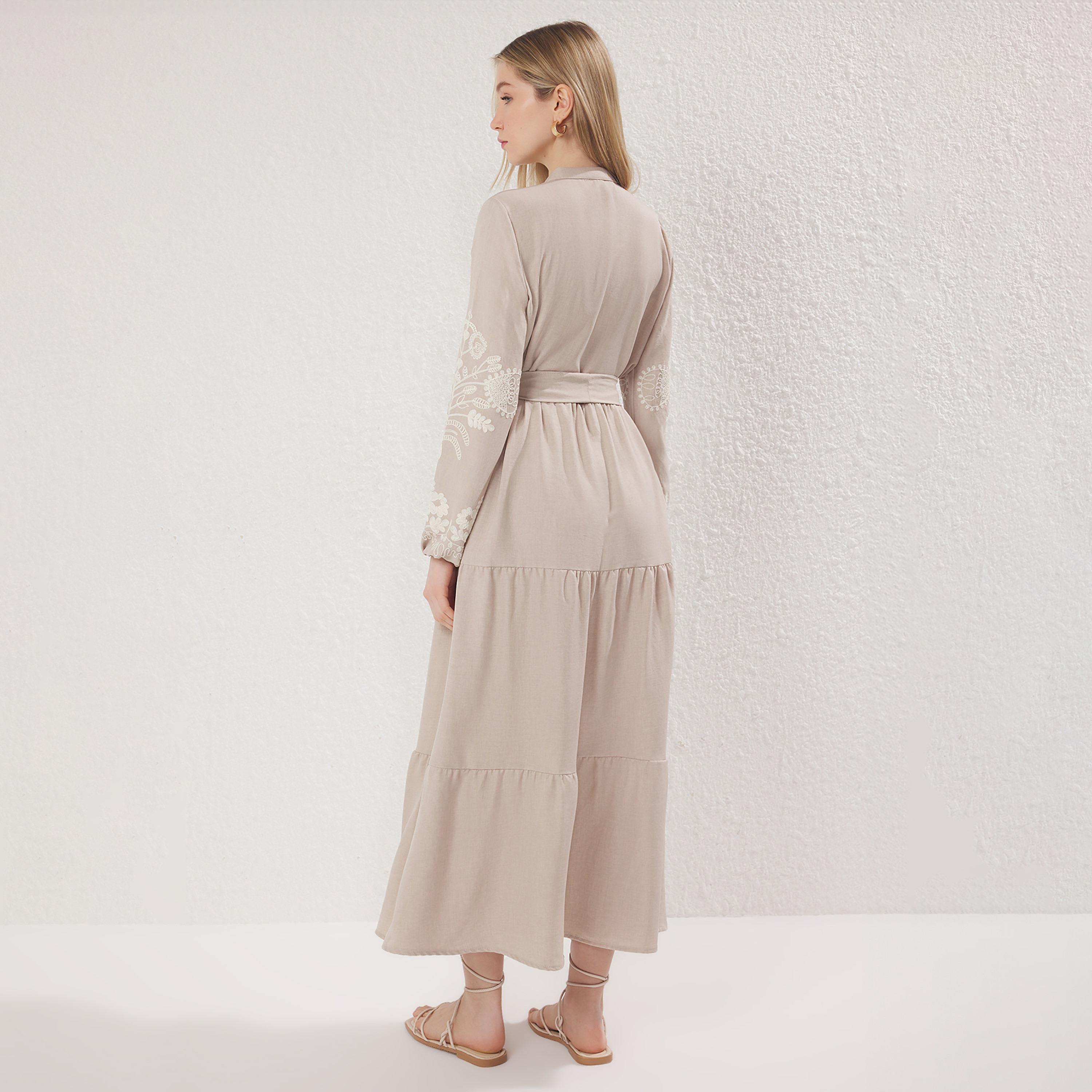 Modest Beige Band Collar Embroidered Sleeves Tiered Women's Maxi Dress-women-clothing-dresses-image-3