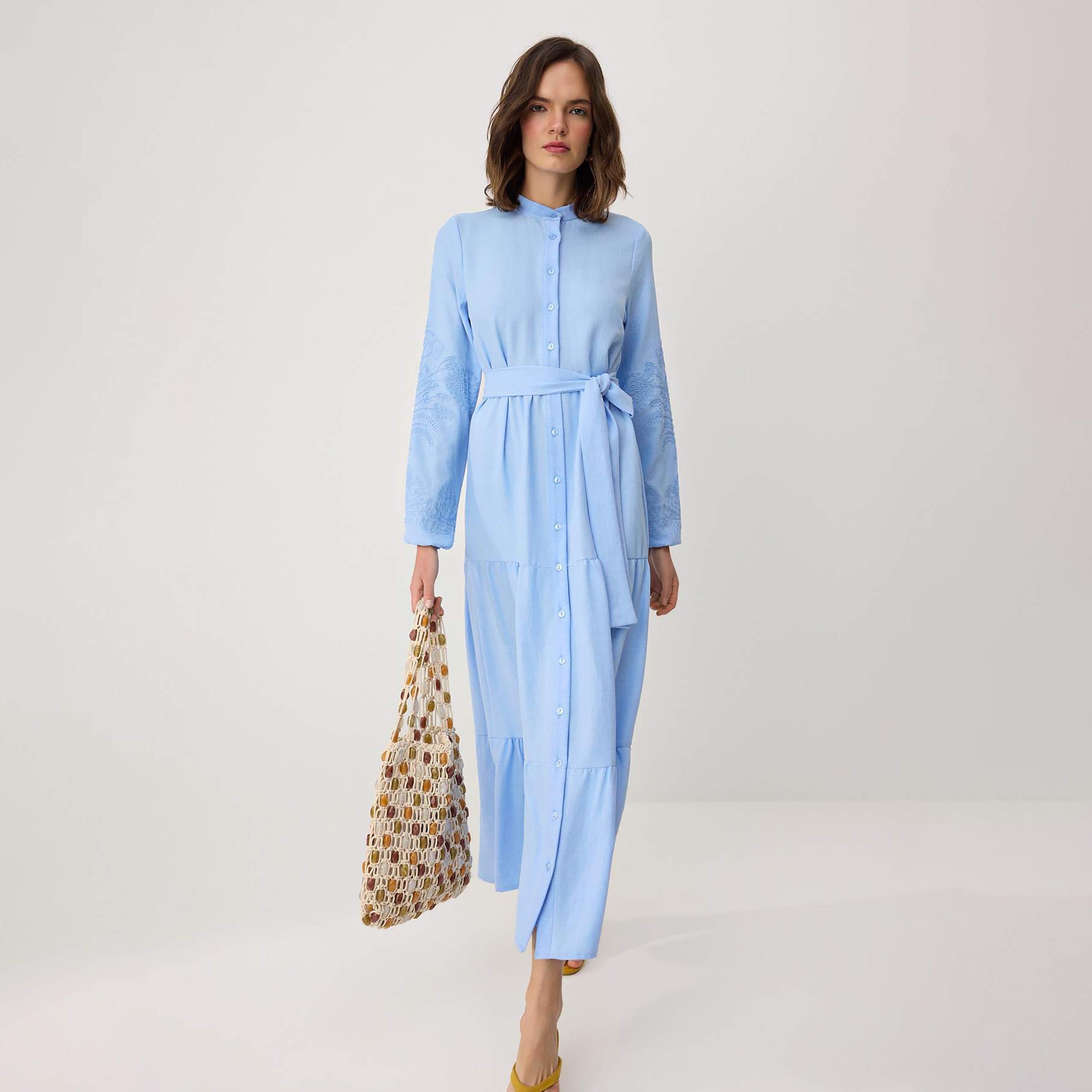 Modest Beige Band Collar Embroidered Sleeves Tiered Women's Maxi Dress-women-clothing-dresses-image-1