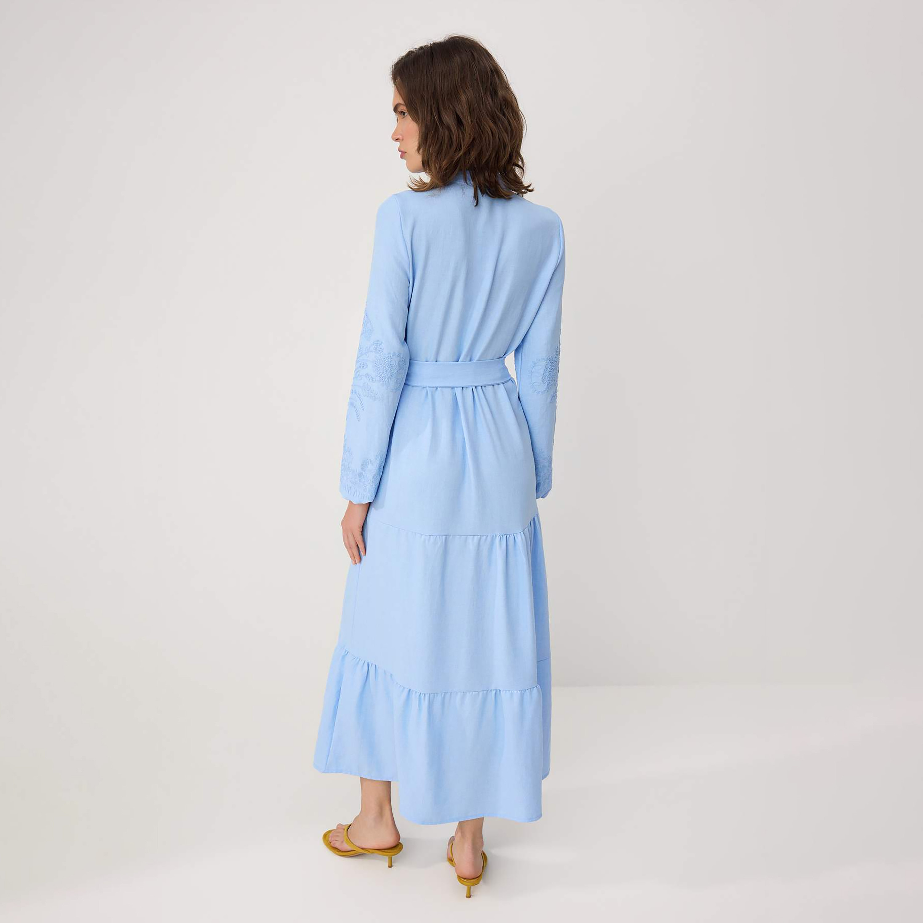 Modest Beige Band Collar Embroidered Sleeves Tiered Women's Maxi Dress-women-clothing-dresses-image-3