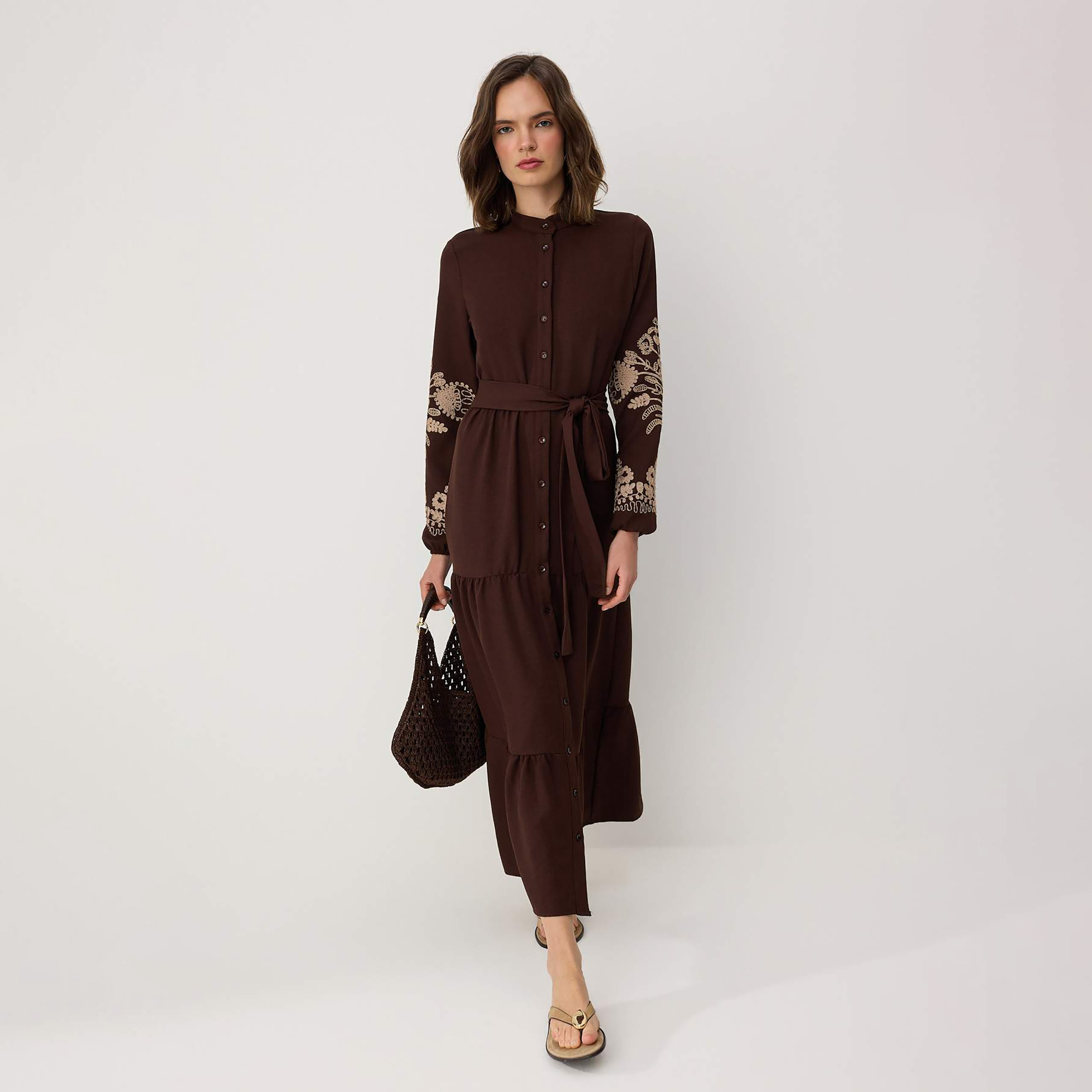 Modest Beige Band Collar Embroidered Sleeves Tiered Women's Maxi Dress-women-clothing-dresses-image-1
