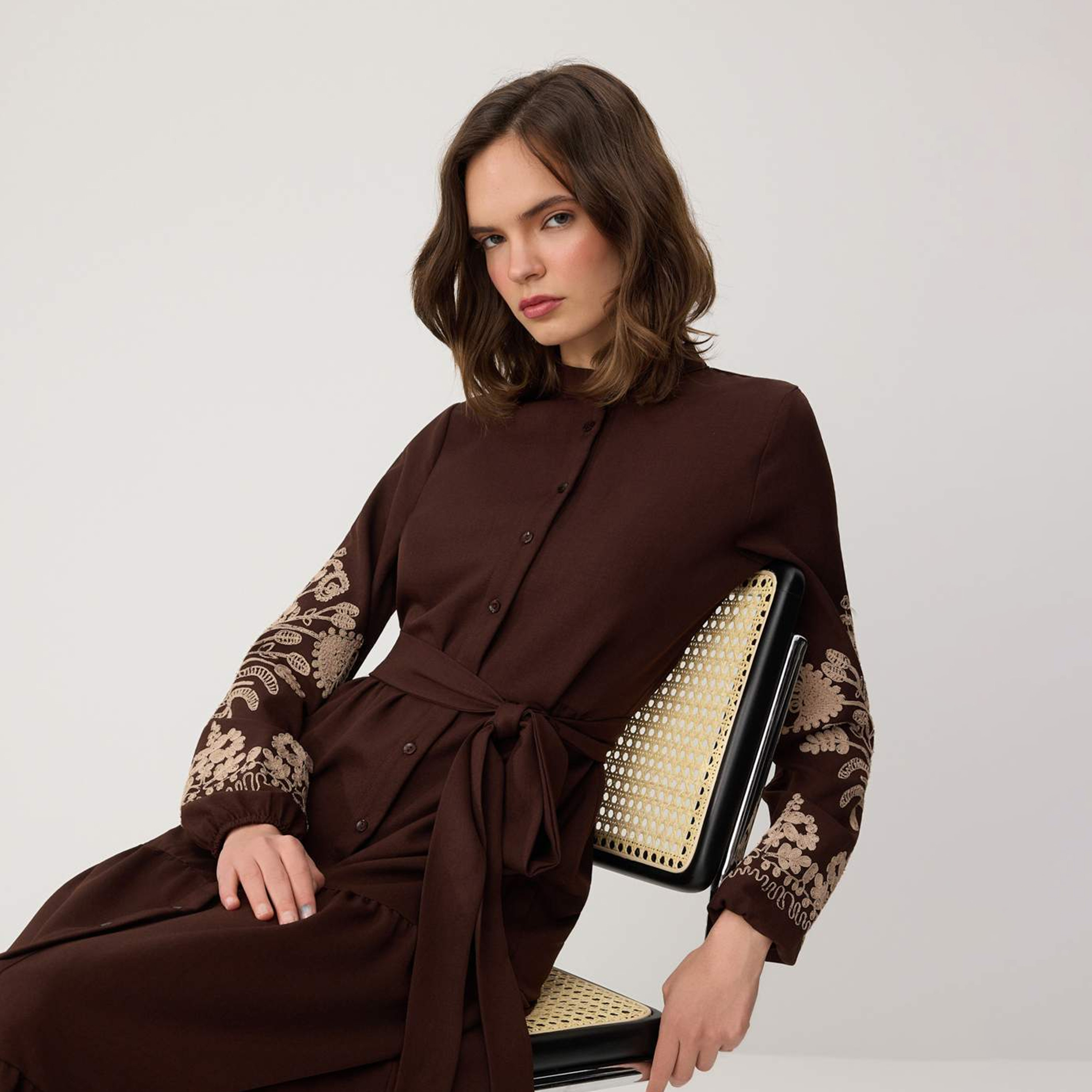 Modest Beige Band Collar Embroidered Sleeves Tiered Women's Maxi Dress-women-clothing-dresses-image-2