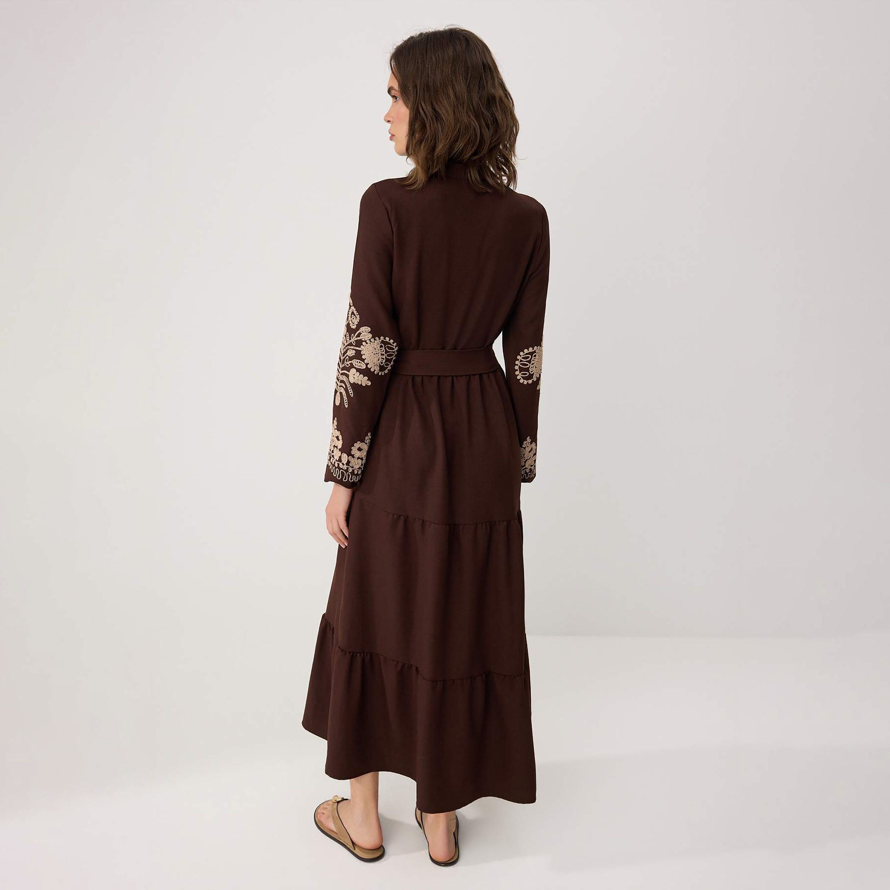 Modest Beige Band Collar Embroidered Sleeves Tiered Women's Maxi Dress-women-clothing-dresses-image-3