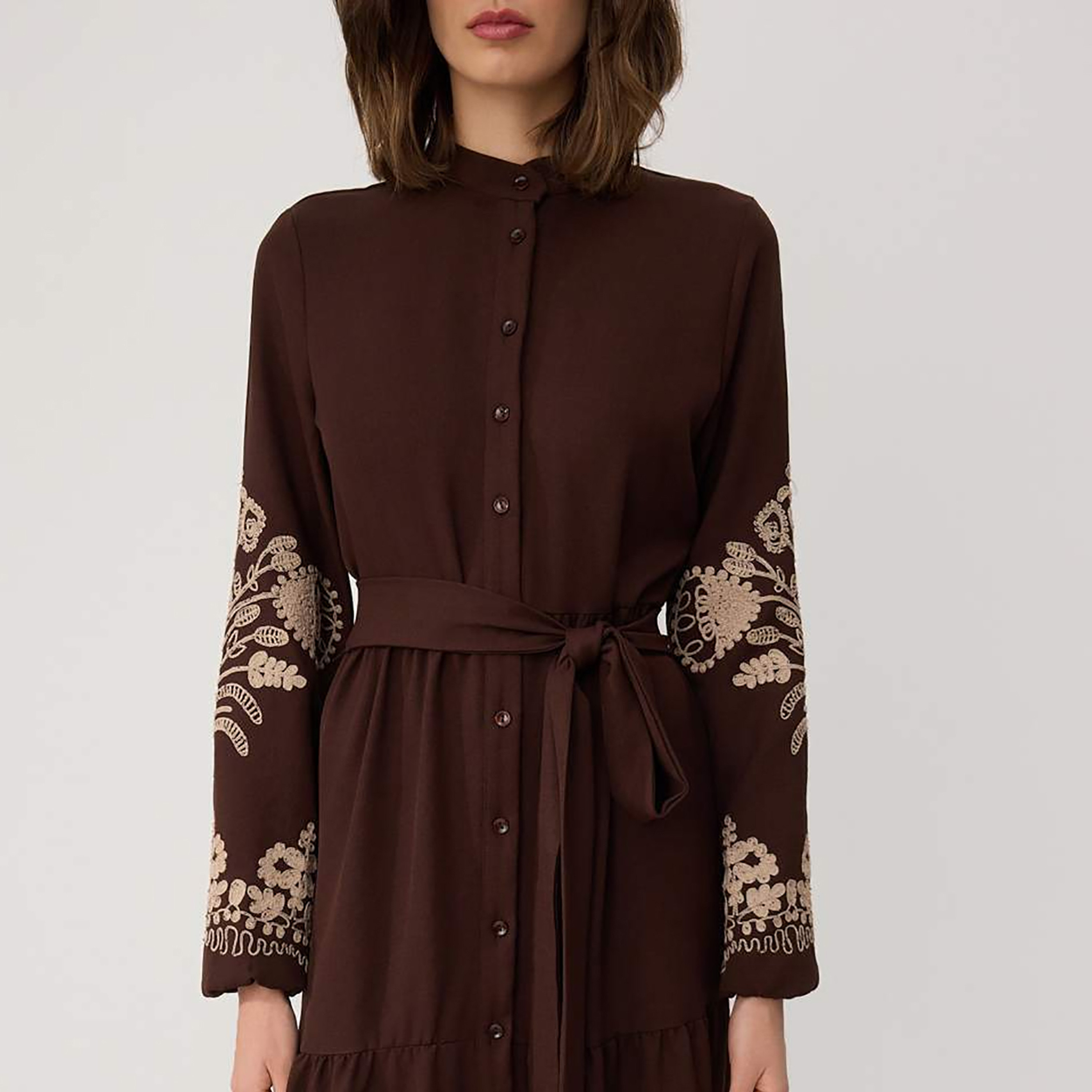 Modest Beige Band Collar Embroidered Sleeves Tiered Women's Maxi Dress-women-clothing-dresses-image-4