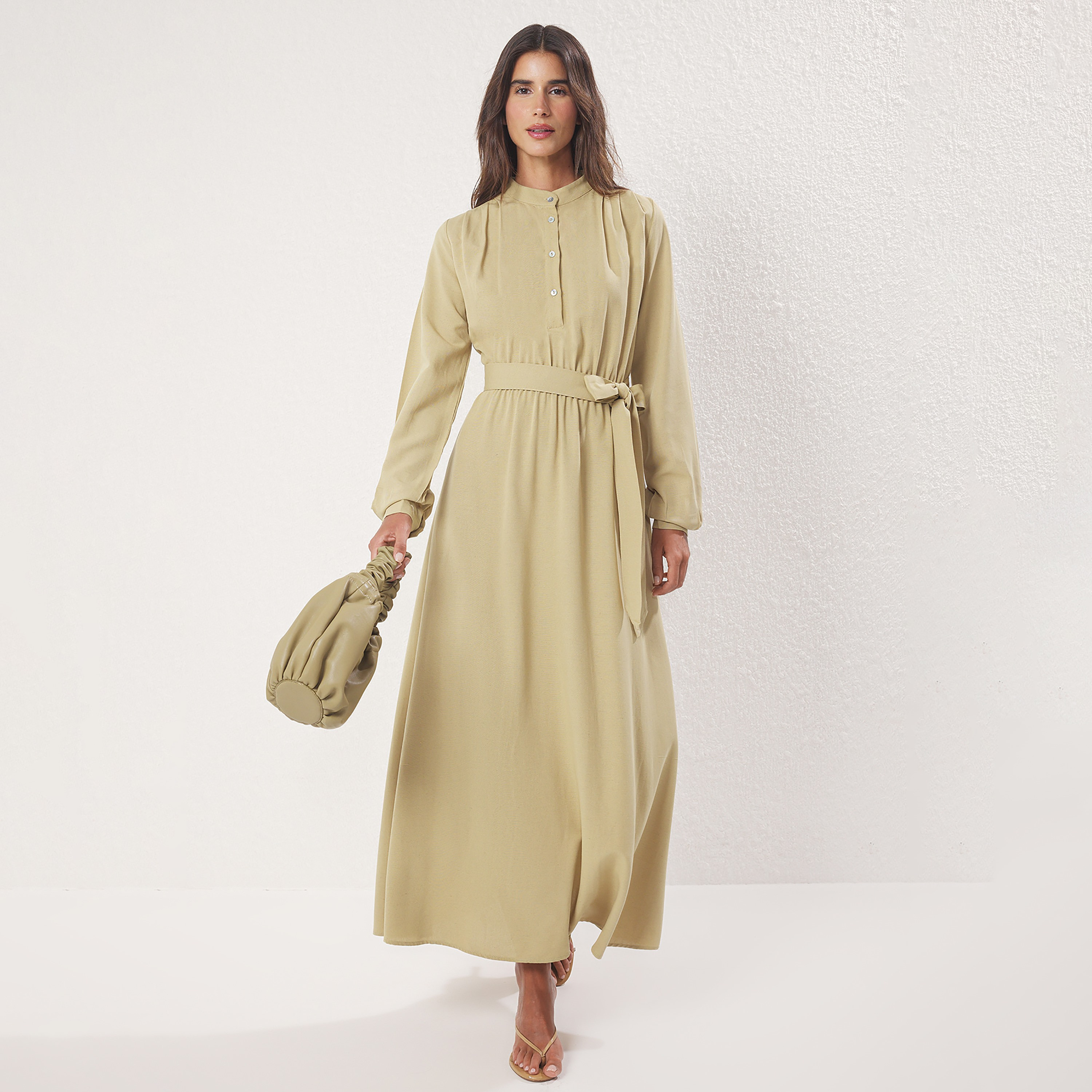 Trendyol Modest Khaki Band Collar Cuffed Sleeves Women's Maxi Dress-women-clothing-dresses-image-1
