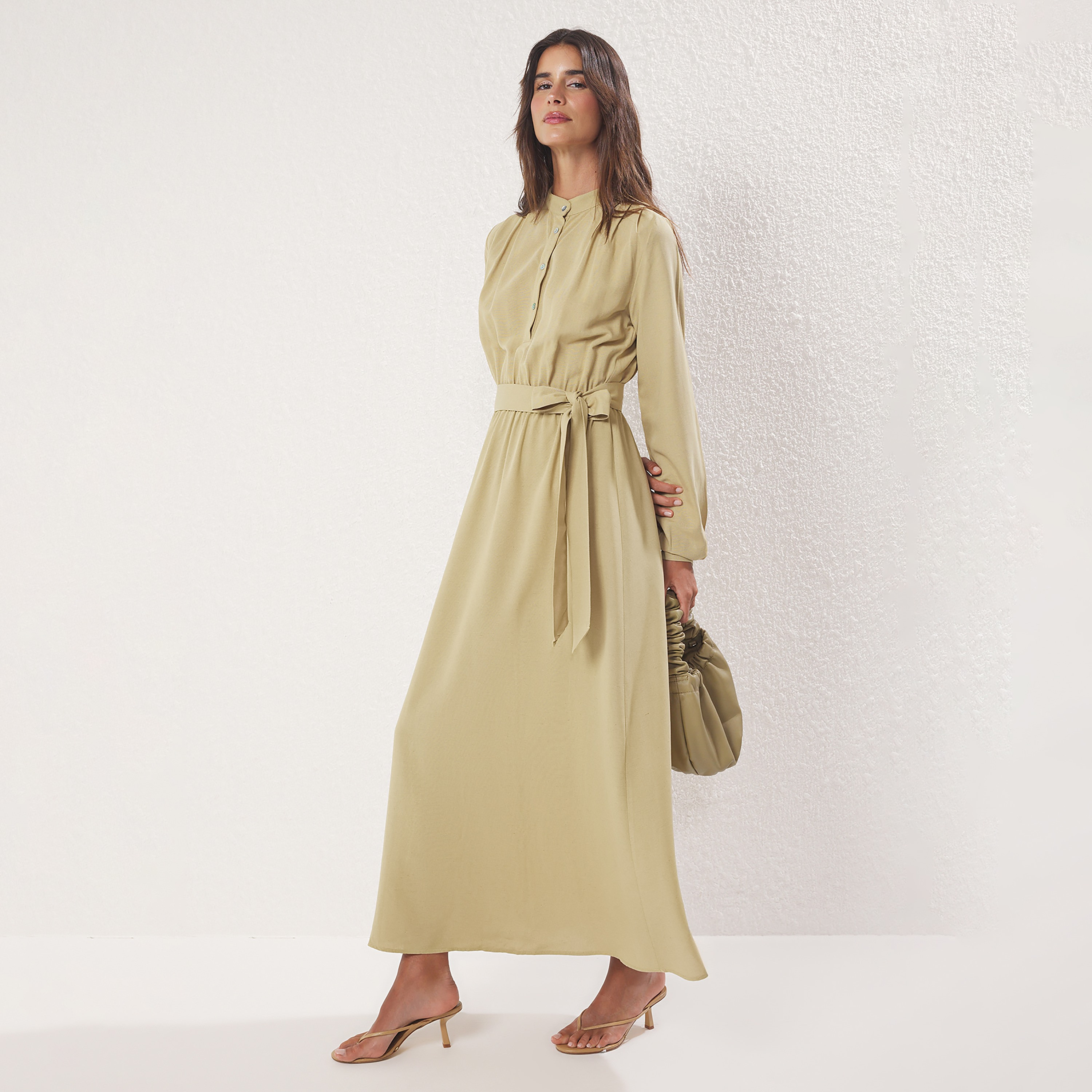 Trendyol Modest Khaki Band Collar Cuffed Sleeves Women's Maxi Dress-women-clothing-dresses-image-2