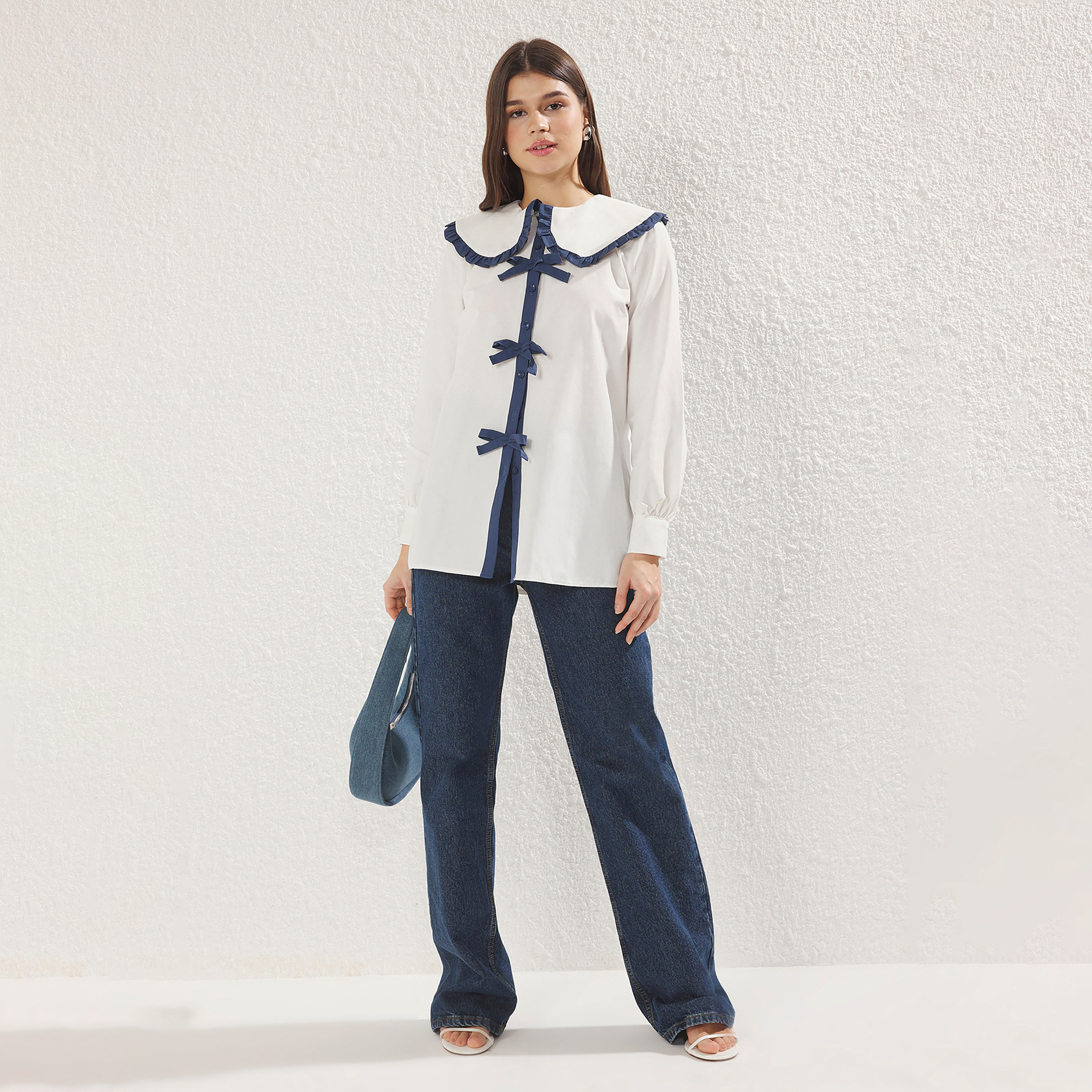 Trendyol Modest White Contrast Trim Peter Pan Collar Women's Shirt-women-clothing-shirtsandblouses-shirts-image-2