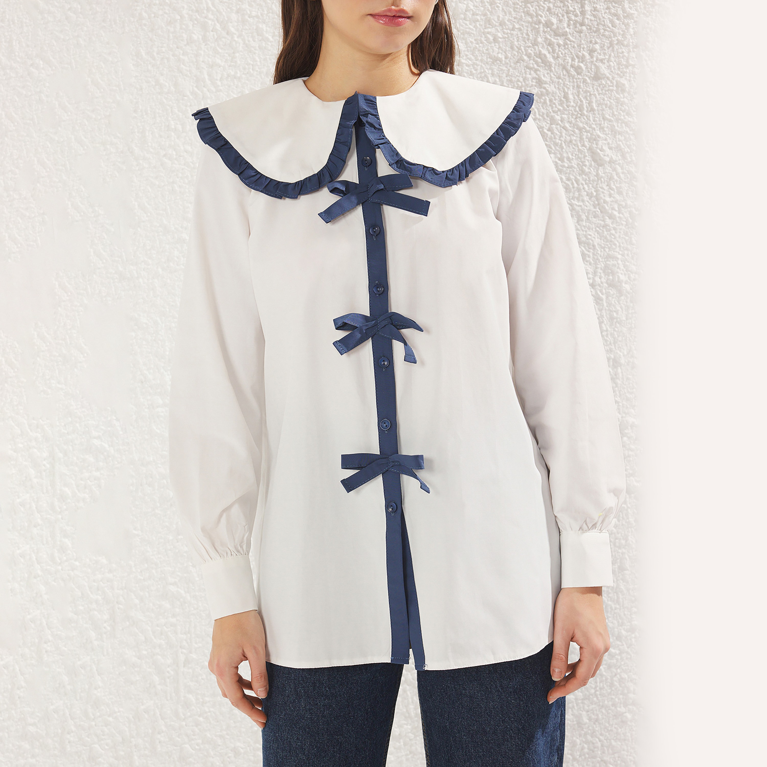 Trendyol Modest White Contrast Trim Peter Pan Collar Women's Shirt-women-clothing-shirtsandblouses-shirts-image-5