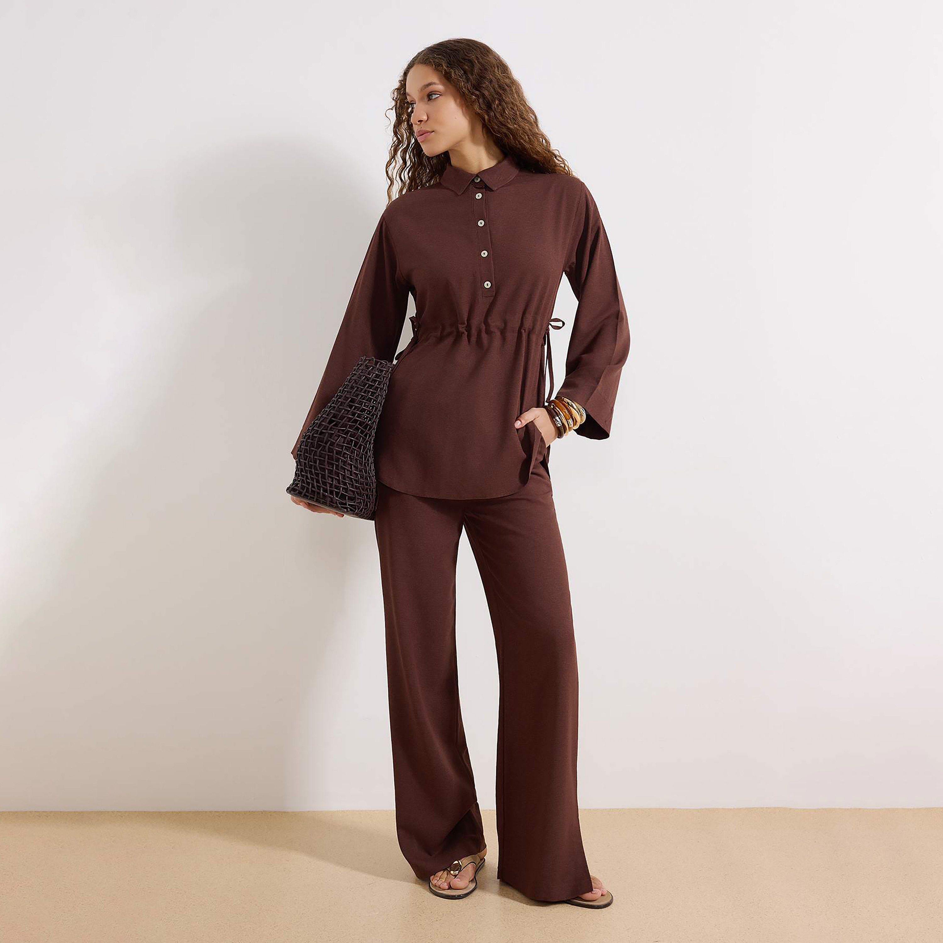 Modest Brown Linen Collared Women's Top & Trousers Set-women-clothing-coordsets-image-1