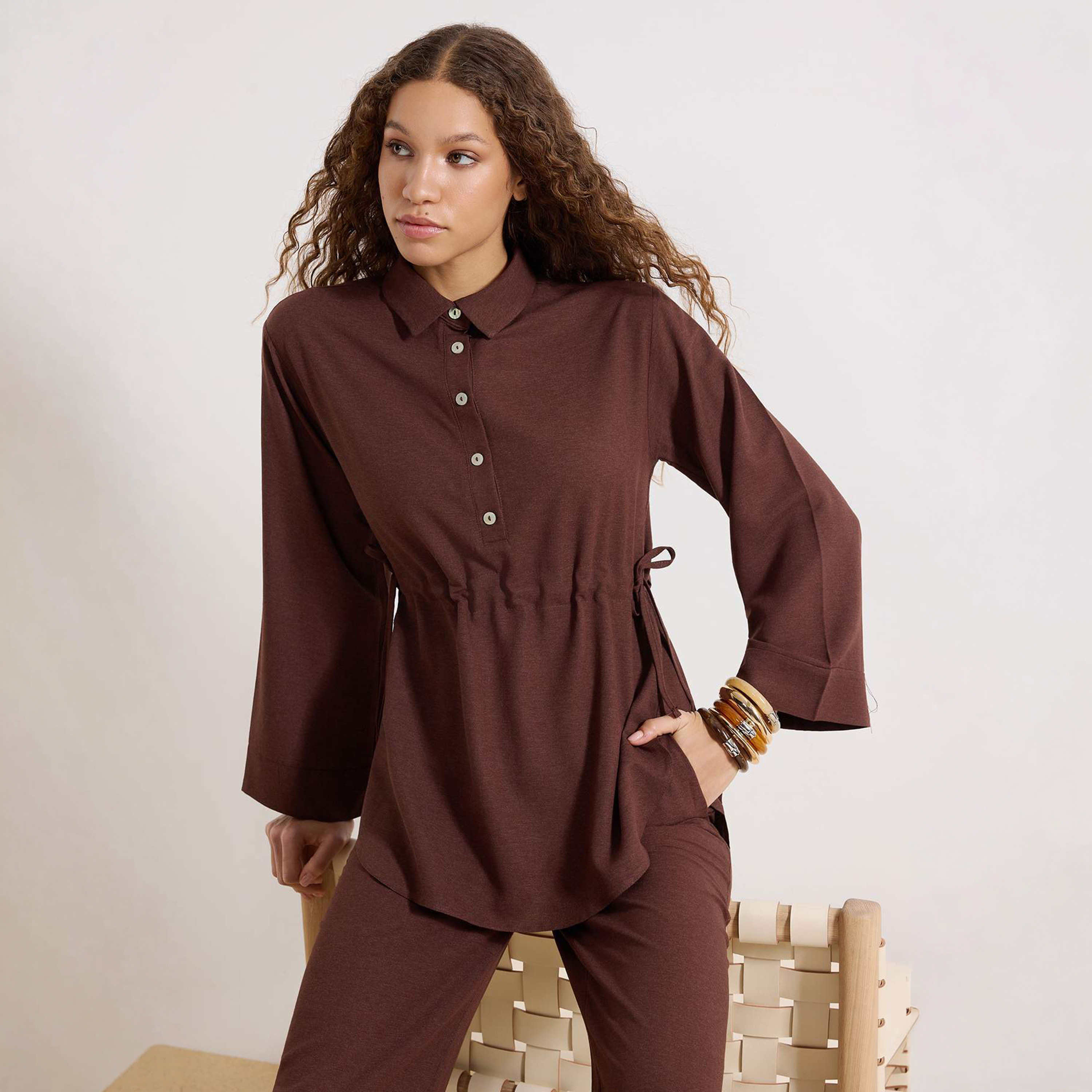 Modest Brown Linen Collared Women's Top & Trousers Set-women-clothing-coordsets-image-2