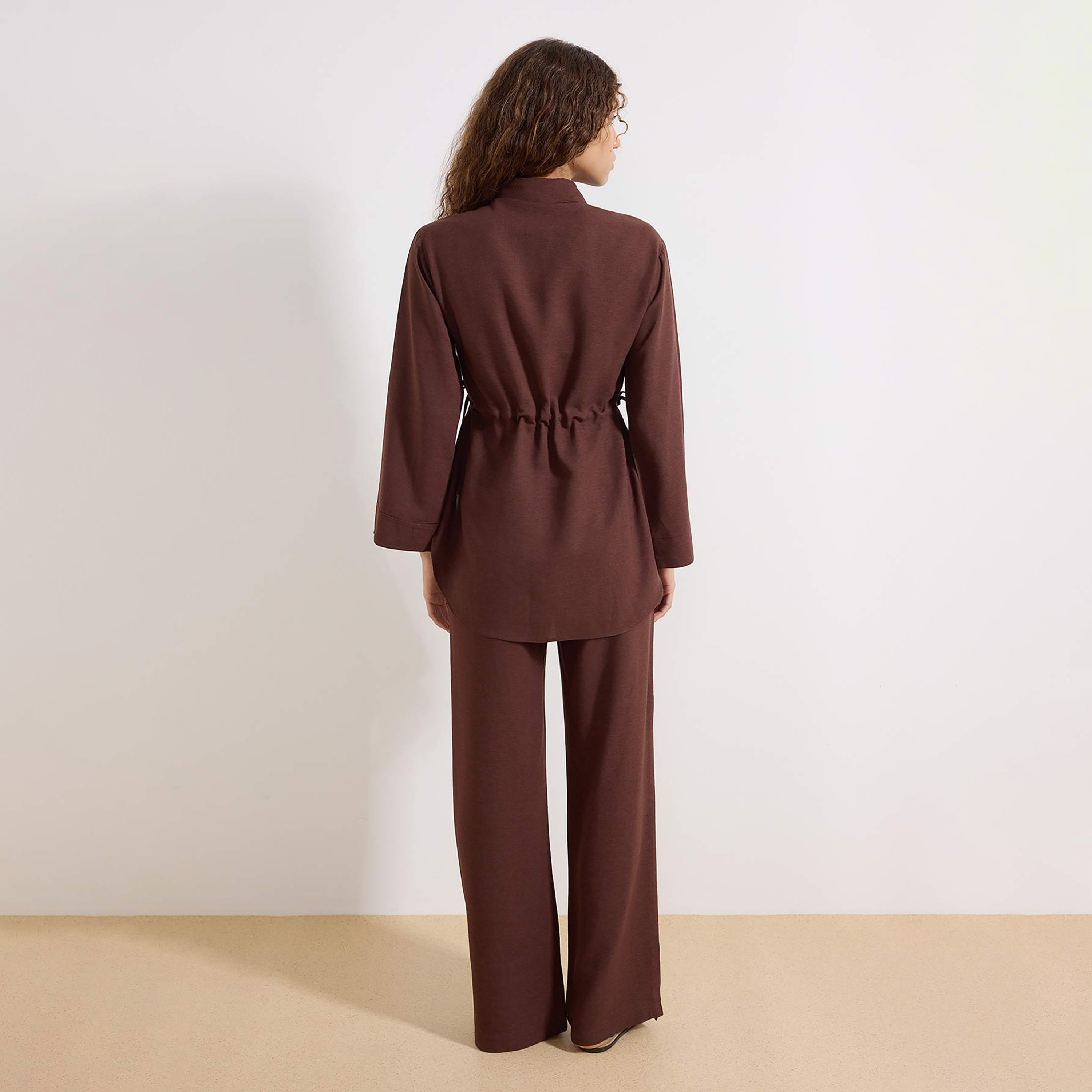 Modest Brown Linen Collared Women's Top & Trousers Set-women-clothing-coordsets-image-3