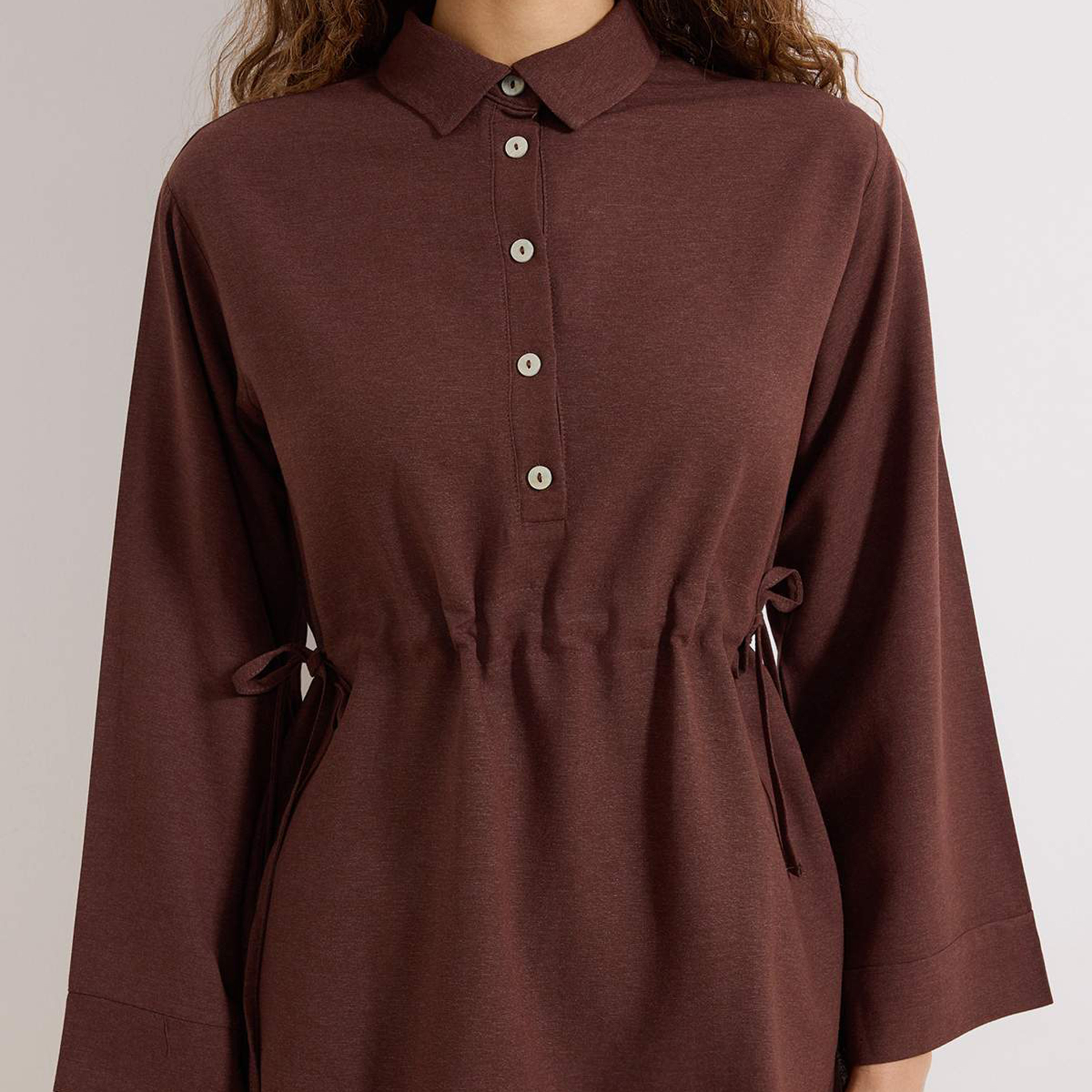 Modest Brown Linen Collared Women's Top & Trousers Set-women-clothing-coordsets-image-4