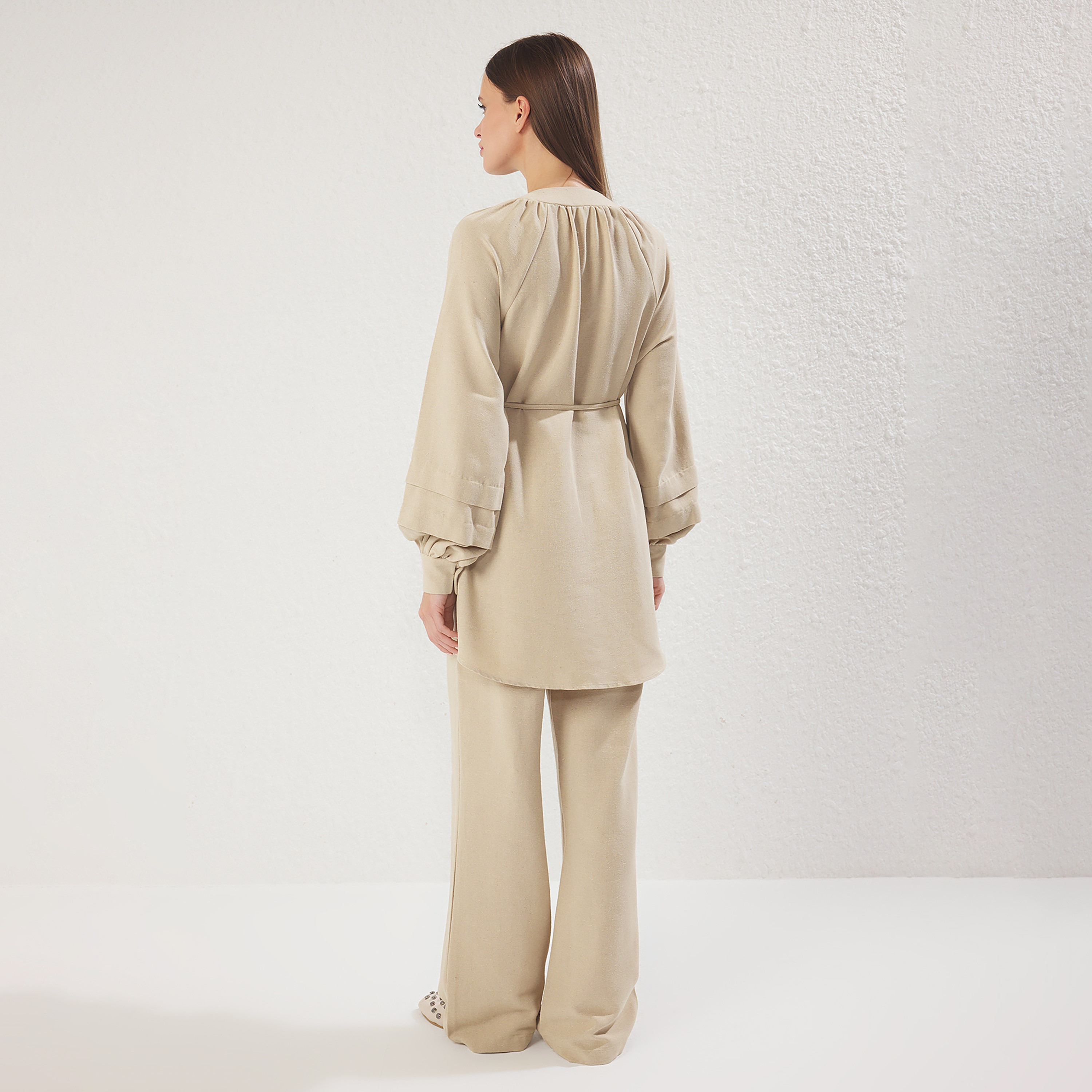Trendyol Modest Beige Mandarin Collar Raglan Sleeves Women's Tunic & Trousers Set-women-clothing-coordsets-image-4