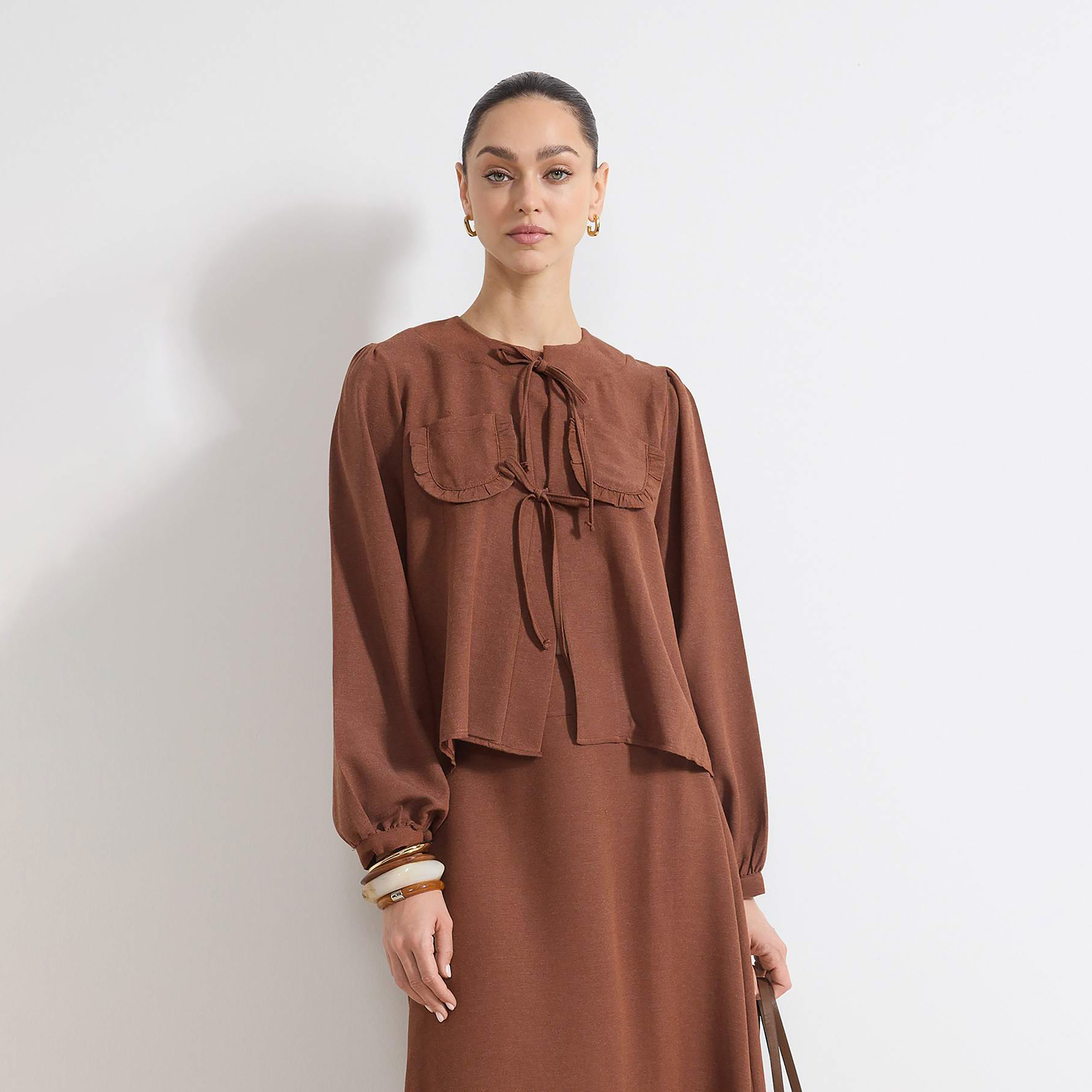 Modest Brown Linen Round Neck Women's Top & Skirt Set-women-clothing-coordsets-image-3