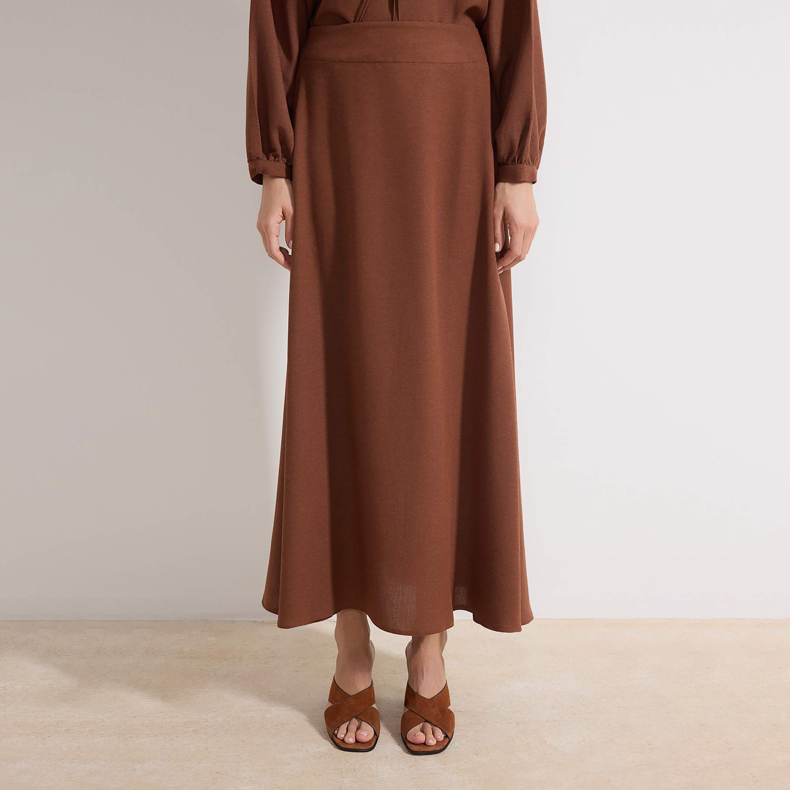 Modest Brown Linen Round Neck Women's Top & Skirt Set-women-clothing-coordsets-image-4