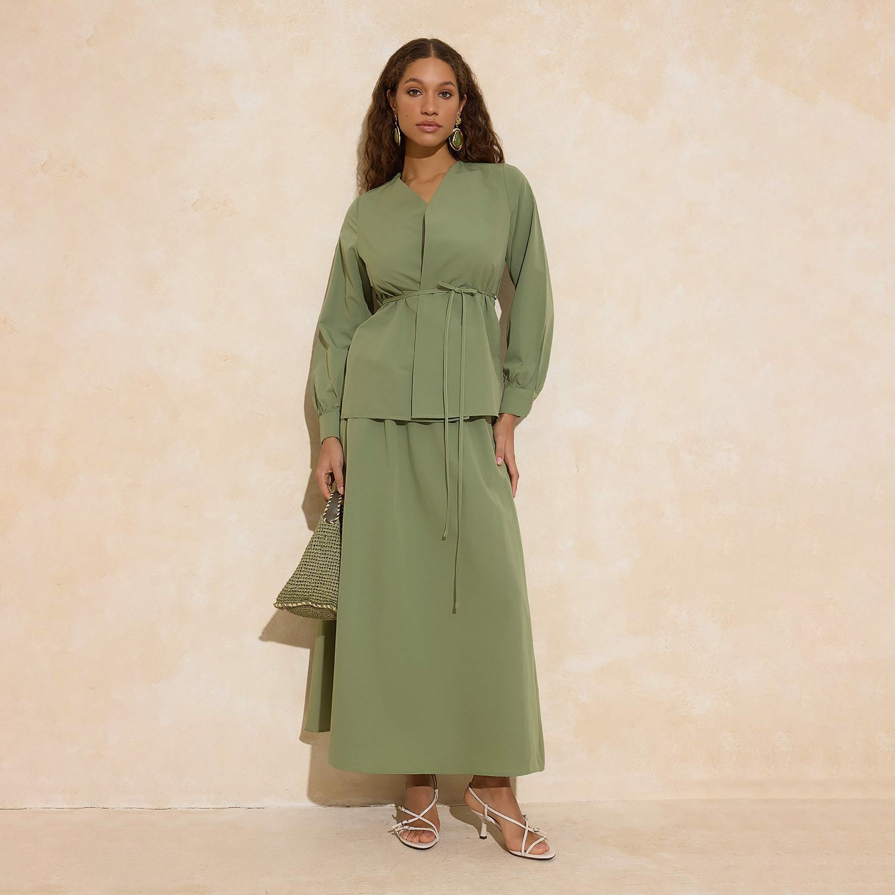 Trendyol Modest Green Cuffed Sleeves Women's Top & Skirt Set-women-clothing-coordsets-image-1