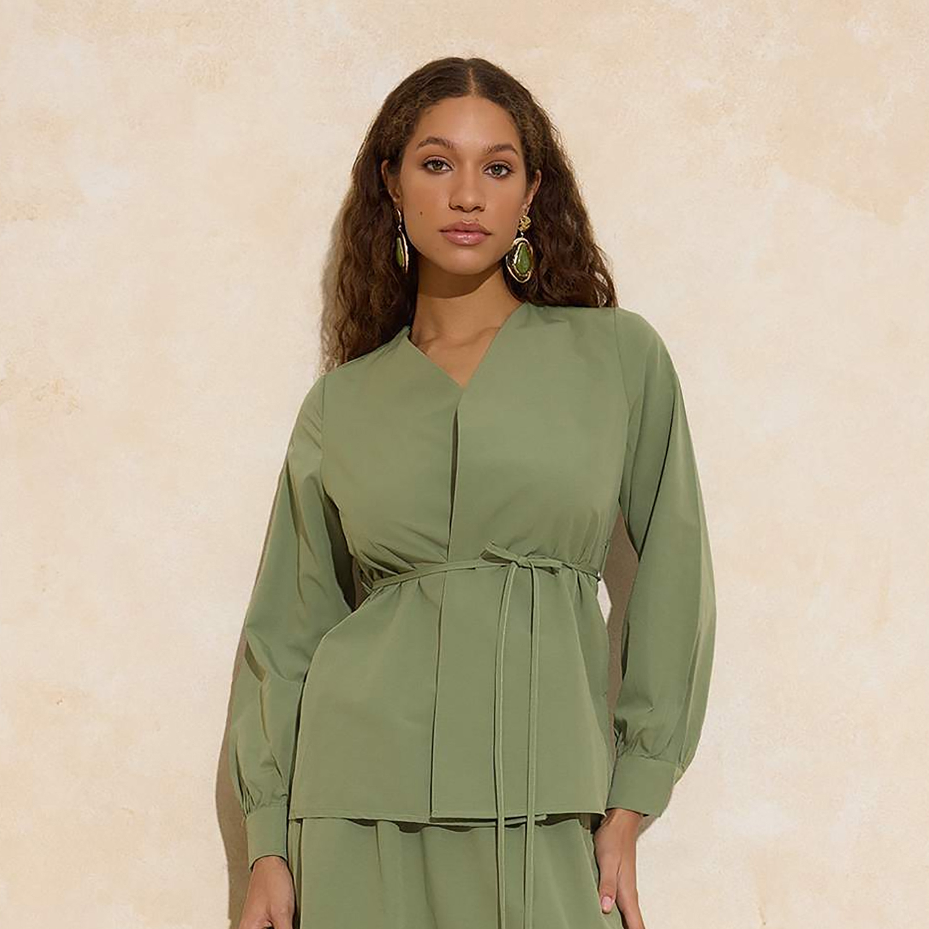 Trendyol Modest Green Cuffed Sleeves Women's Top & Skirt Set-women-clothing-coordsets-image-2
