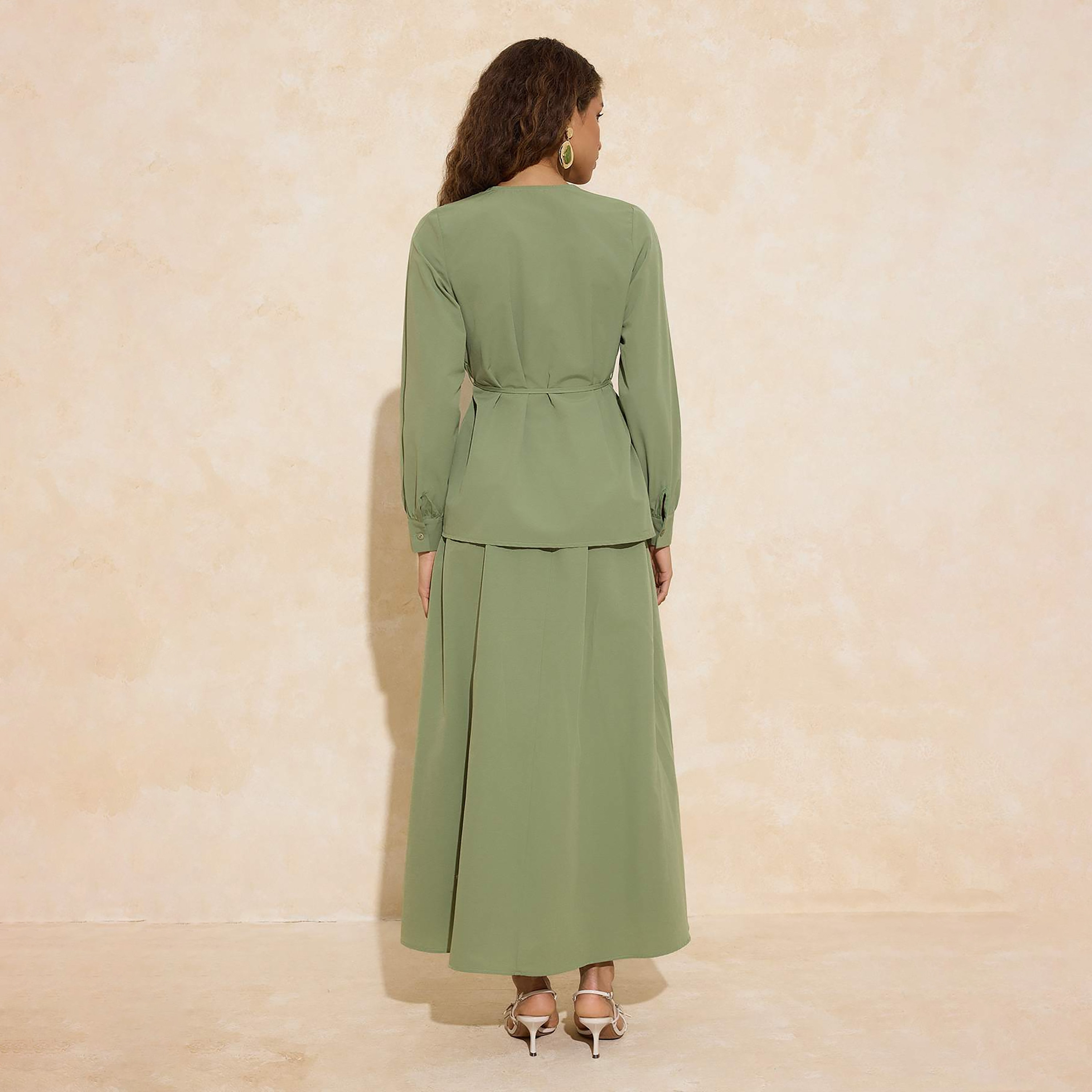 Trendyol Modest Green Cuffed Sleeves Women's Top & Skirt Set-women-clothing-coordsets-image-4