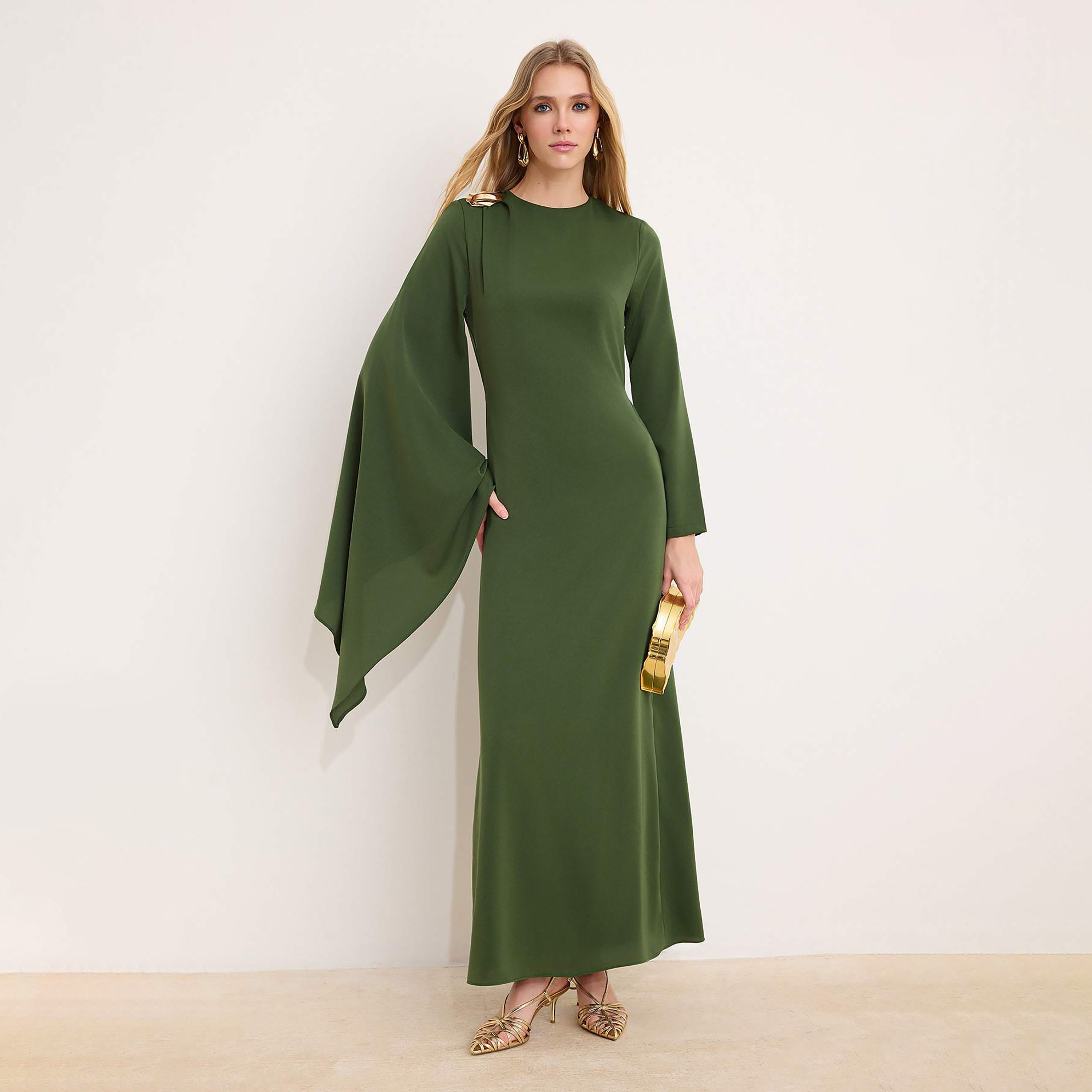 Modest Green Flared Sleeves Sheath Evening Women's Maxi Dress-women-clothing-dresses-image-1