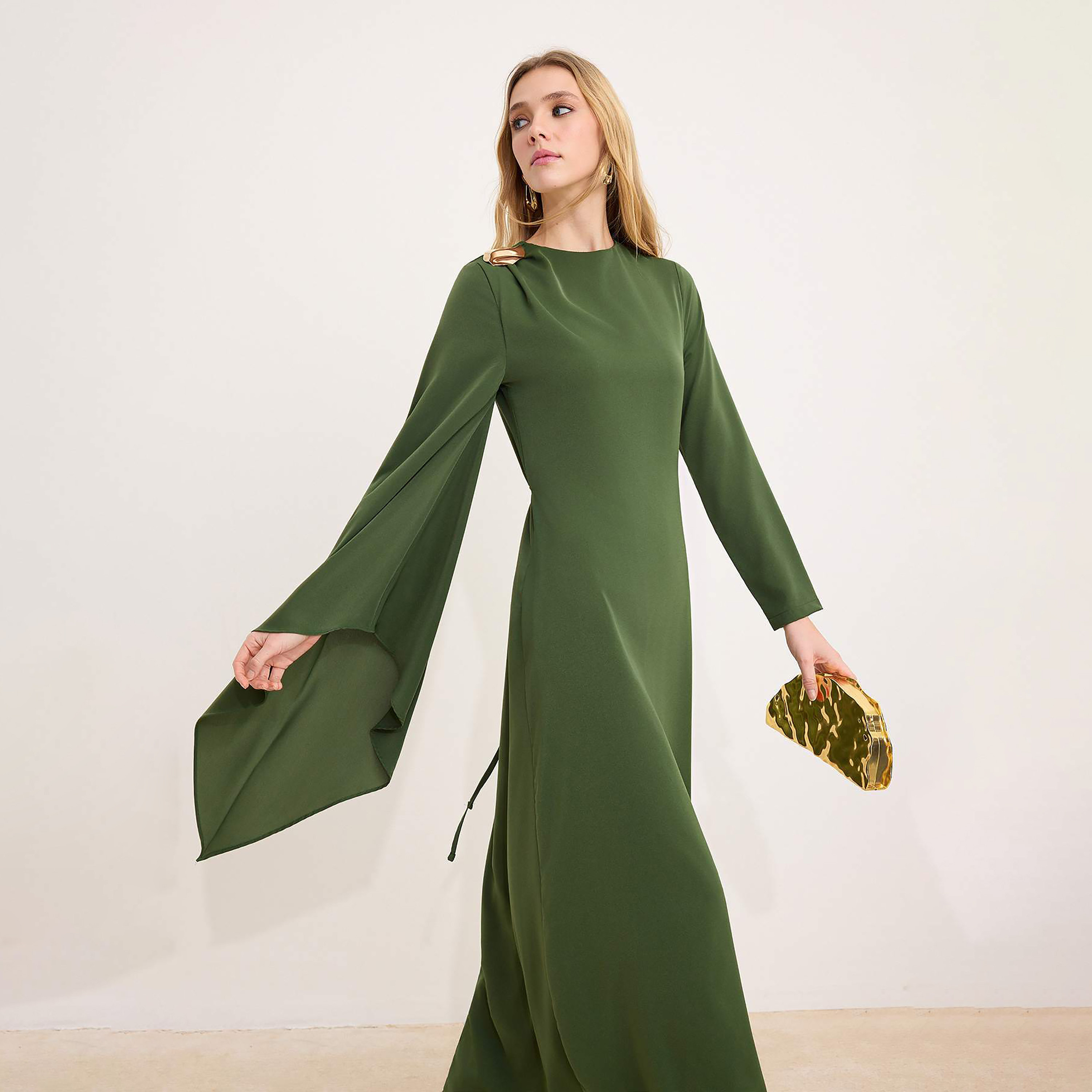 Modest Green Flared Sleeves Sheath Evening Women's Maxi Dress-women-clothing-dresses-image-2