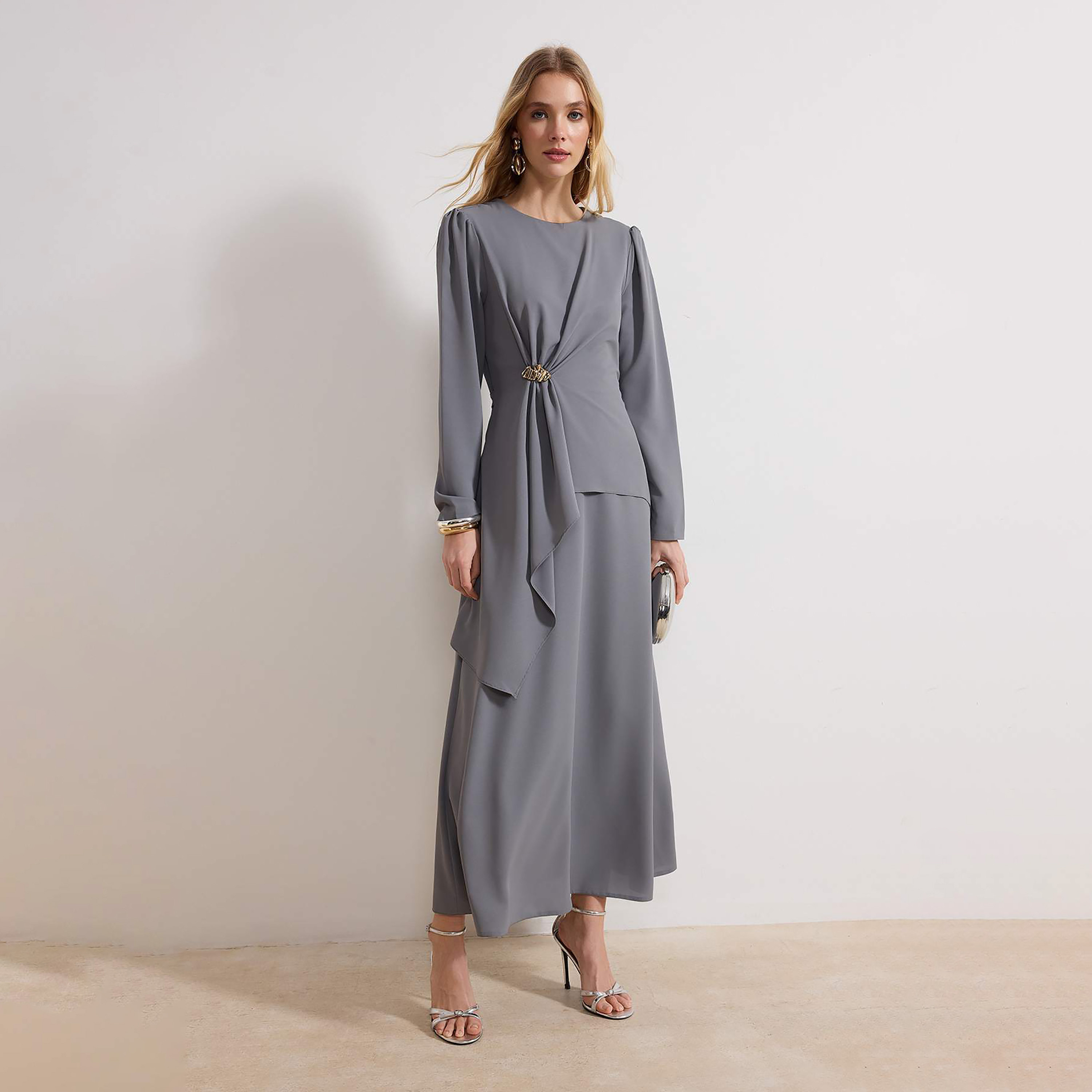 Modest Grey Fit & Flared Evening Women's Maxi Dress-women-clothing-dresses-image-1