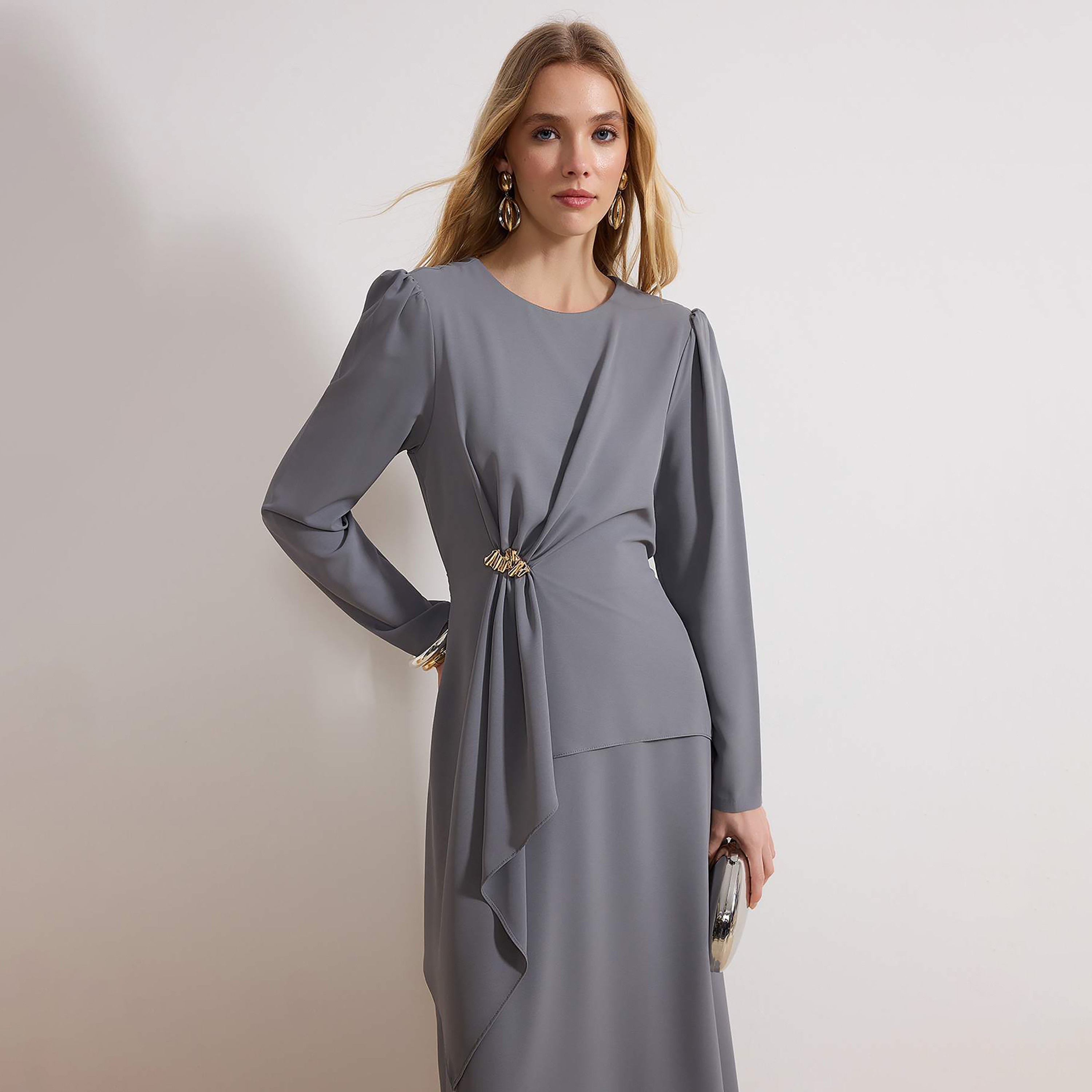 Modest Grey Fit & Flared Evening Women's Maxi Dress-women-clothing-dresses-image-2