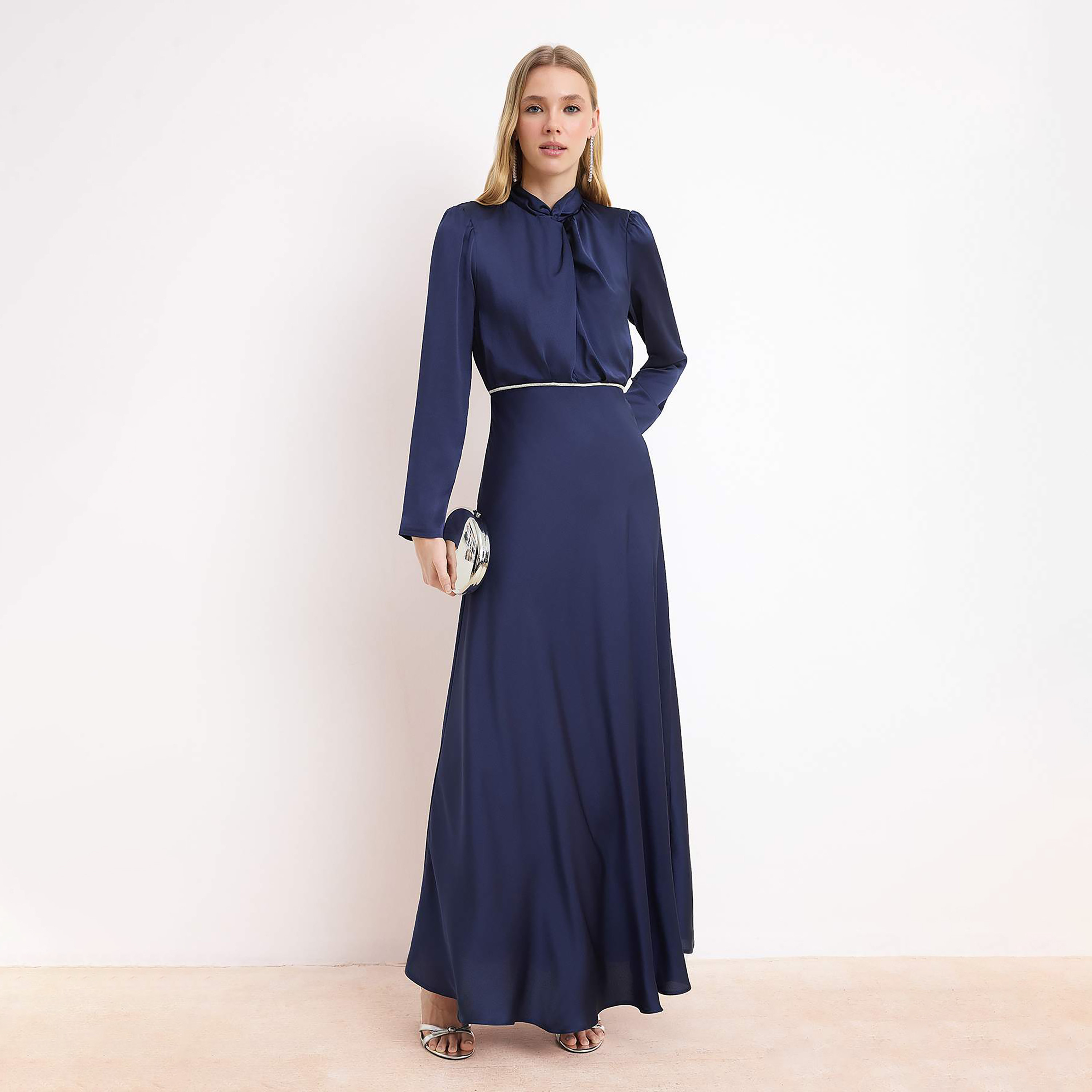 Modest Blue Satin Tie-Up Neck Fit & Flared Evening Women's Maxi Dress-women-clothing-dresses-image-1