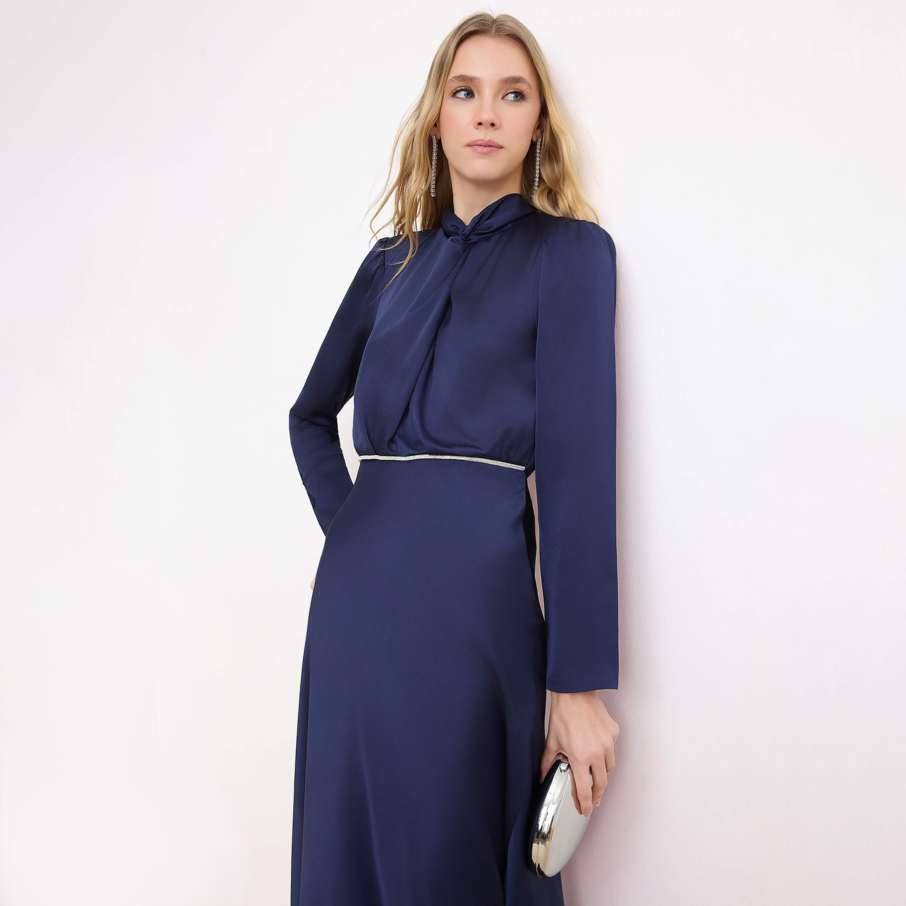 Modest Blue Satin Tie-Up Neck Fit & Flared Evening Women's Maxi Dress-women-clothing-dresses-image-2