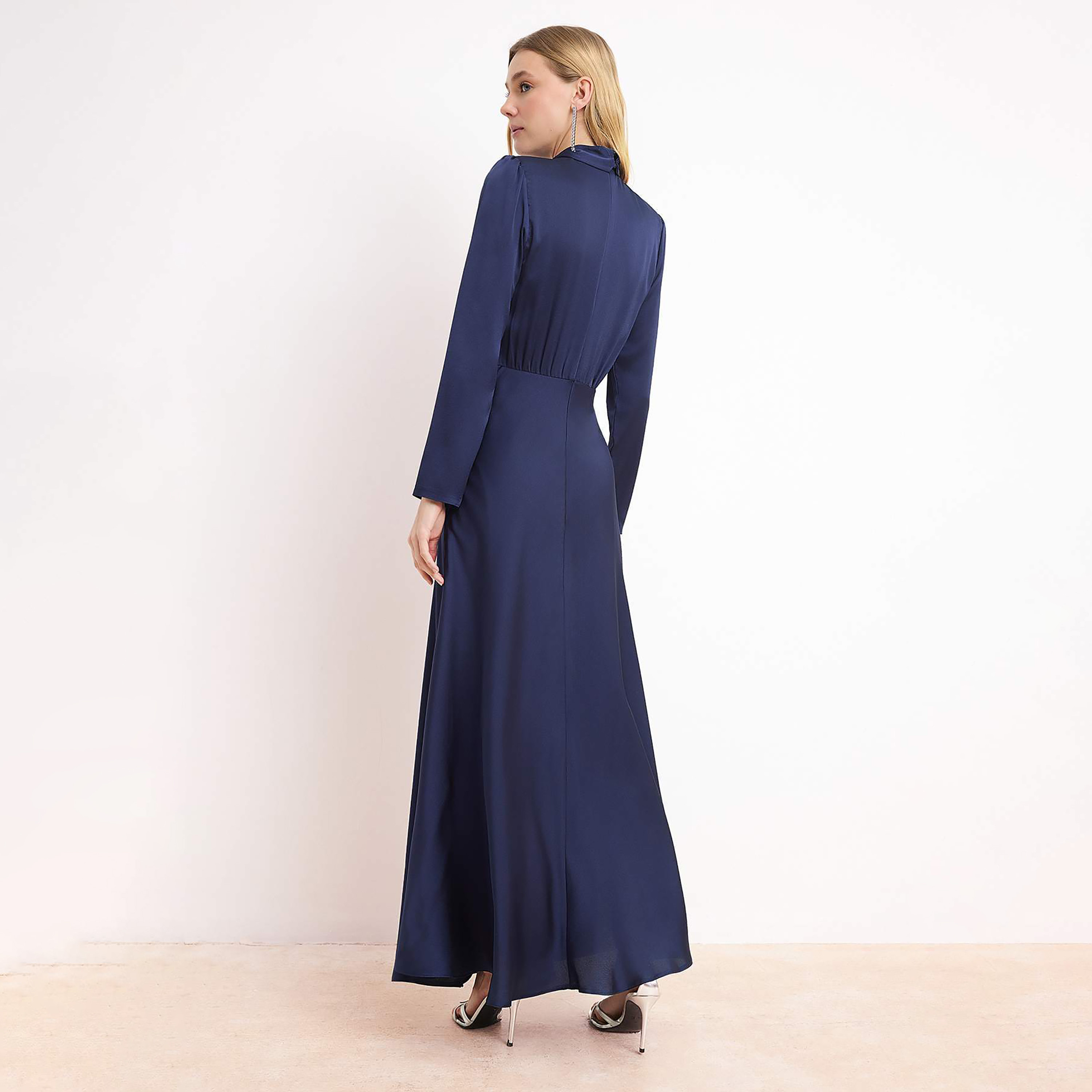 Modest Blue Satin Tie-Up Neck Fit & Flared Evening Women's Maxi Dress-women-clothing-dresses-image-3