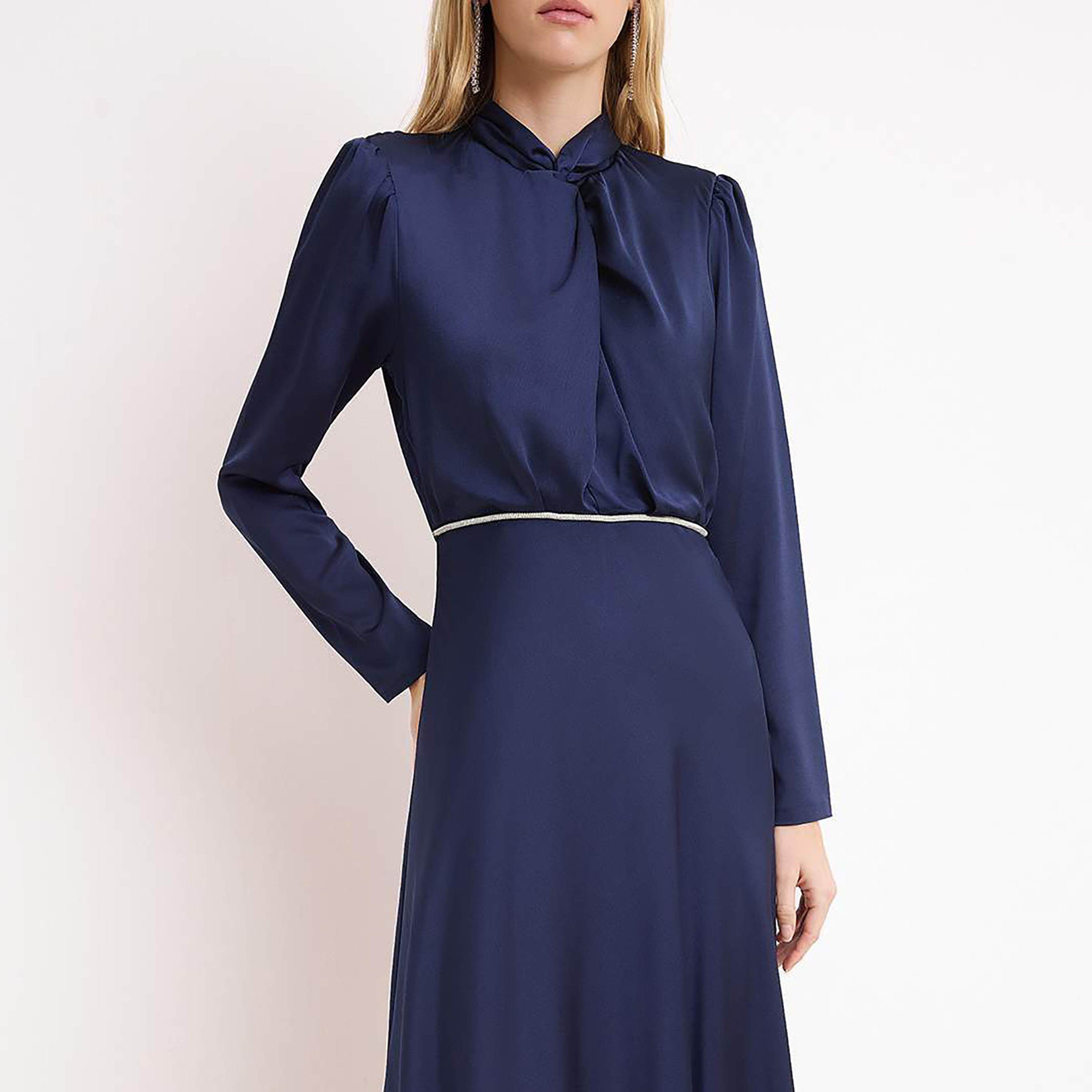 Modest Blue Satin Tie-Up Neck Fit & Flared Evening Women's Maxi Dress-women-clothing-dresses-image-4