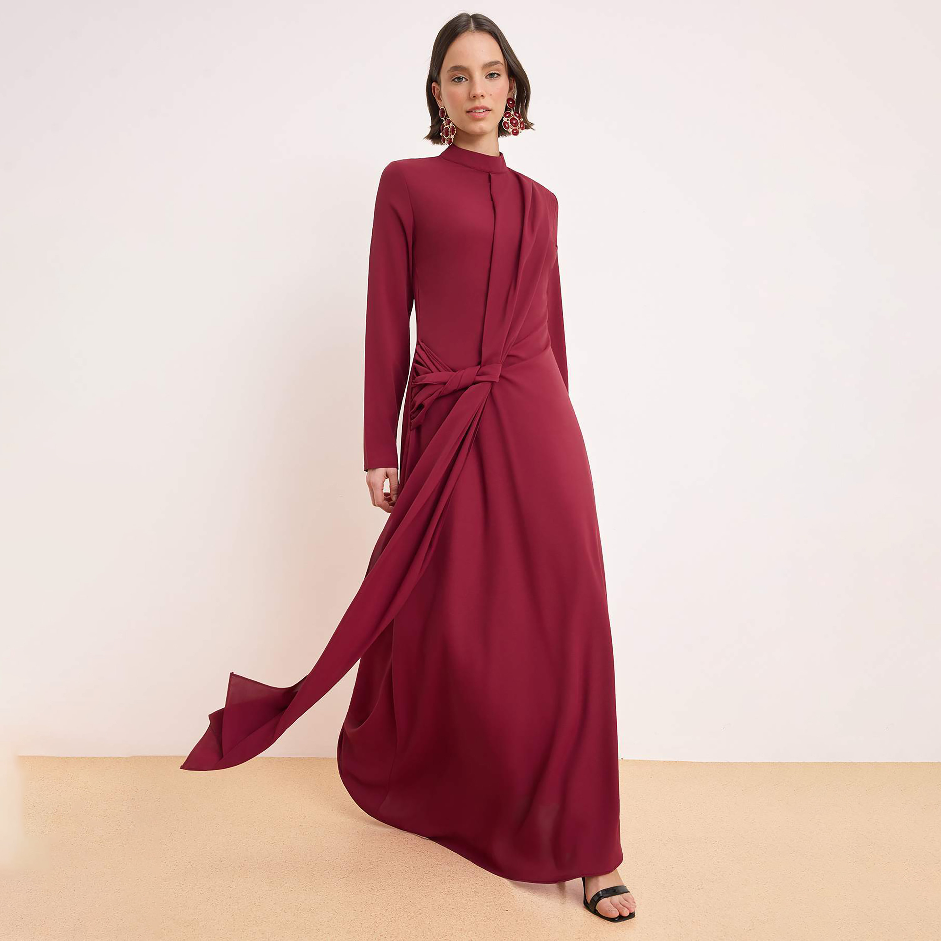 Modest Red Mock Neck Evening Women's Maxi Dress-women-clothing-dresses-image-1