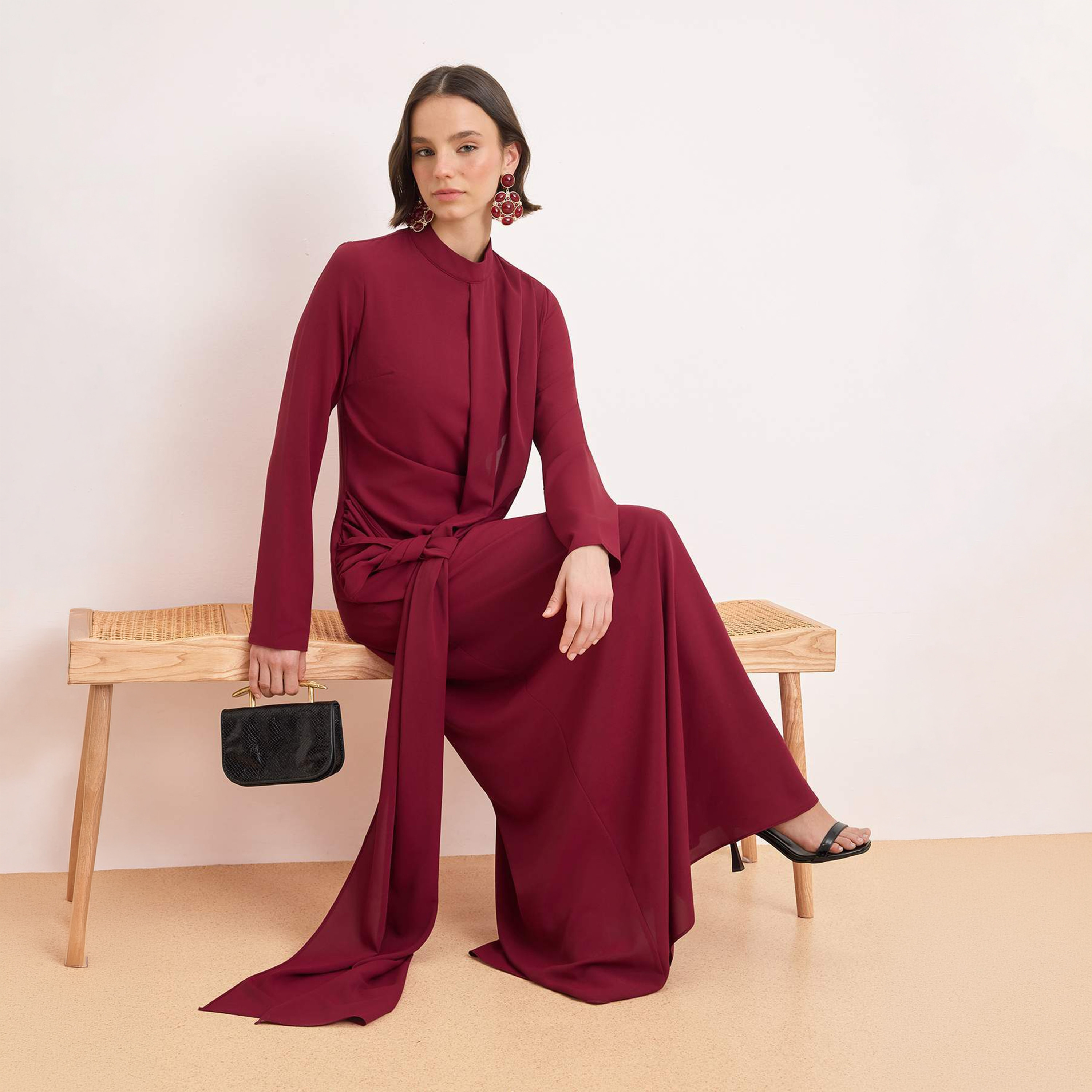 Modest Red Mock Neck Evening Women's Maxi Dress-women-clothing-dresses-image-2