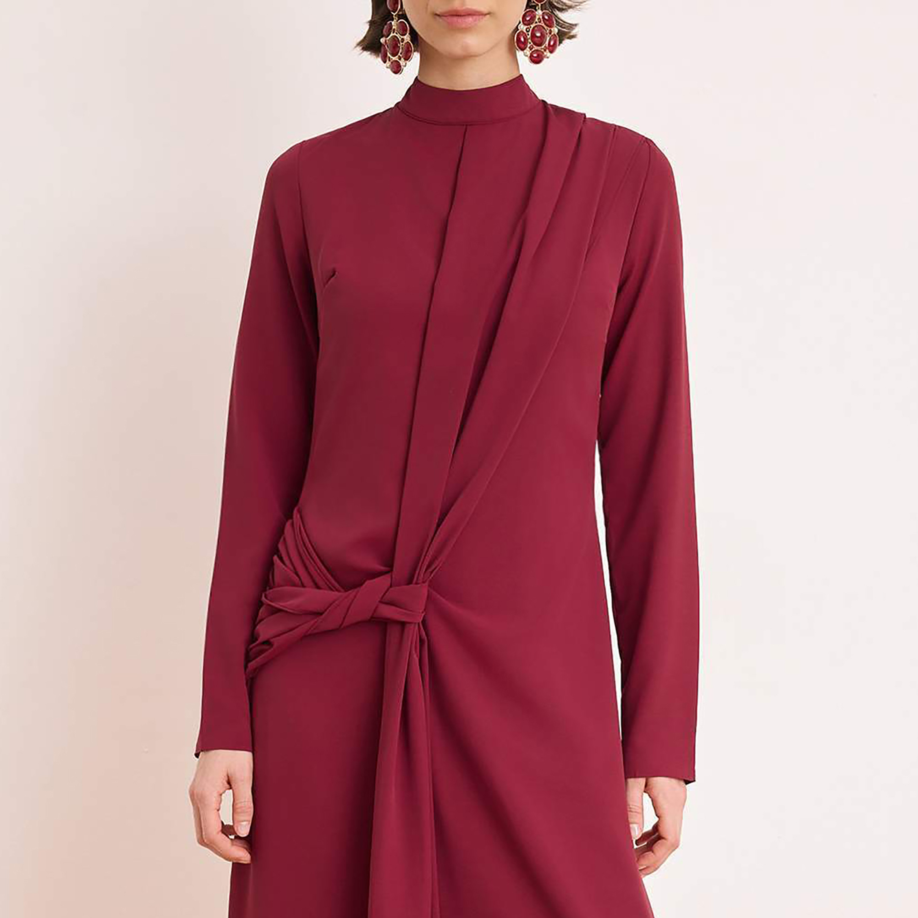 Modest Red Mock Neck Evening Women's Maxi Dress-women-clothing-dresses-image-4