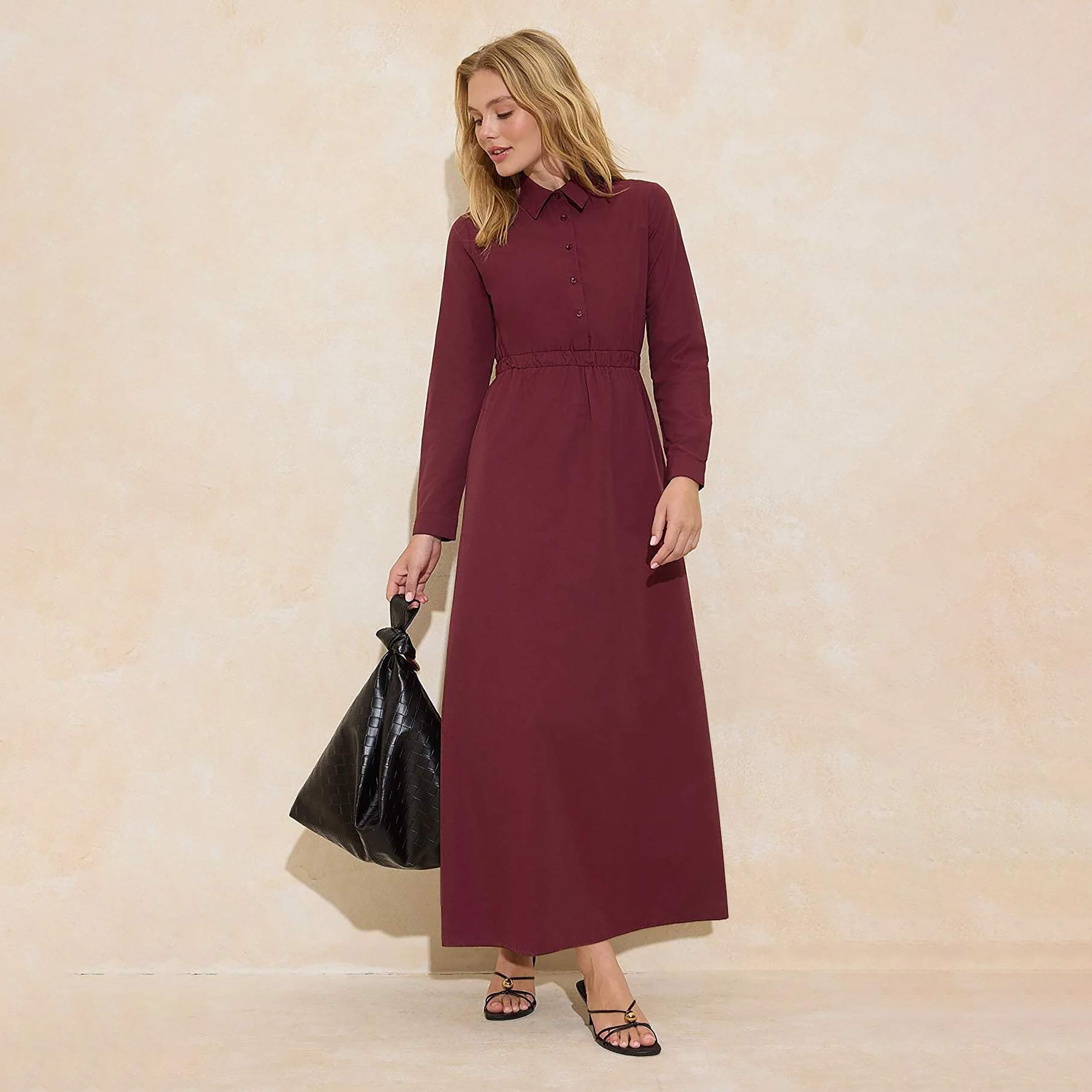Trendyol Modest Red Cotton Collared Women's Maxi Dress-women-clothing-dresses-image-1