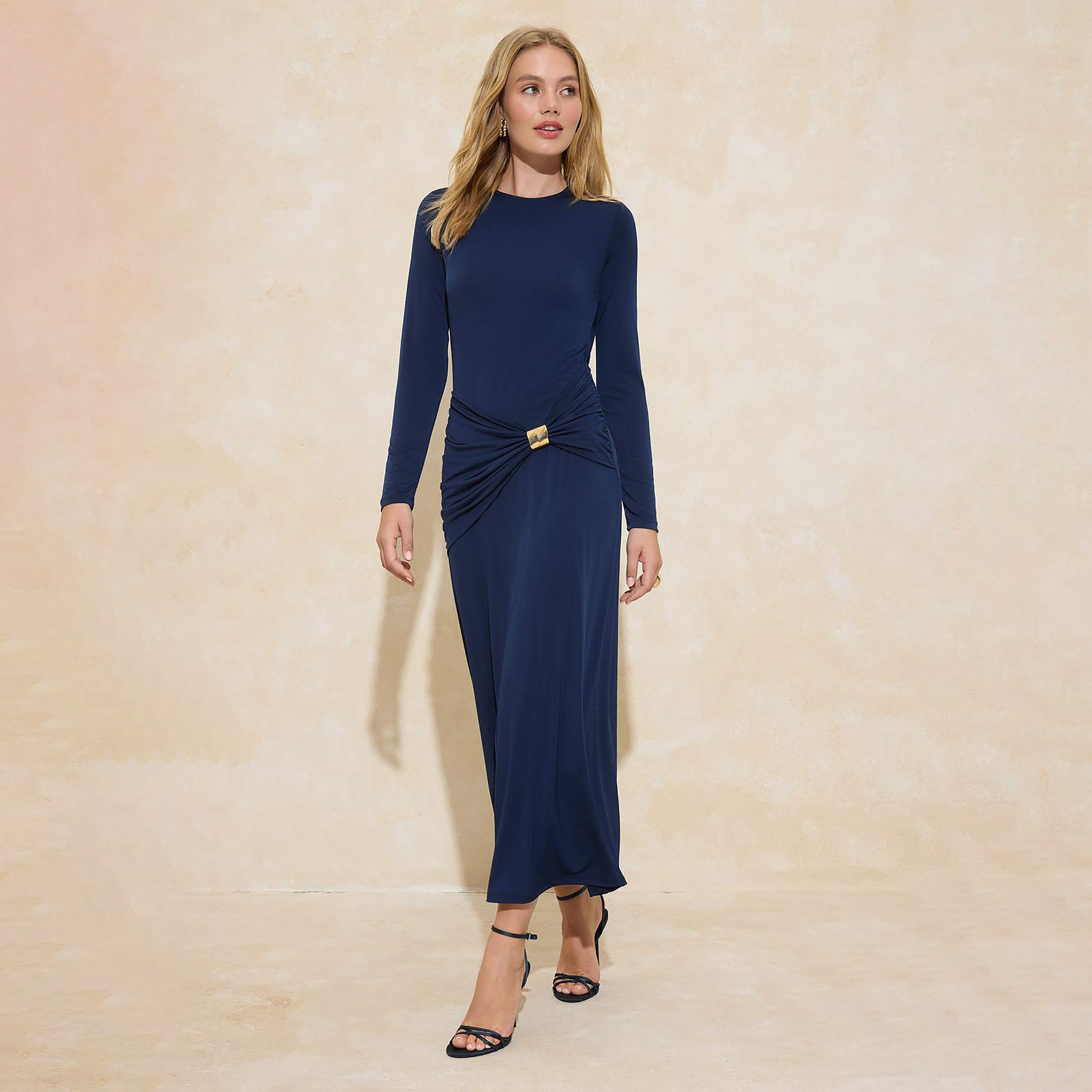 Modest Blue Fitted Sleeves Sheath Evening Women's Maxi Dress-women-clothing-dresses-image-1